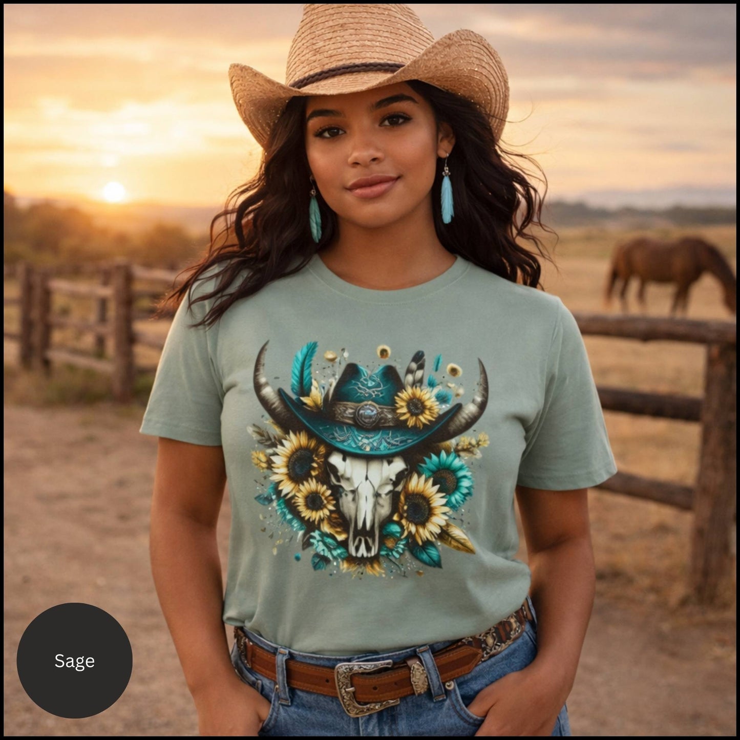 Sunflower Cow Skull Cowgirl Graphic Tee – Western Boho Bull Skull T-Shirt
