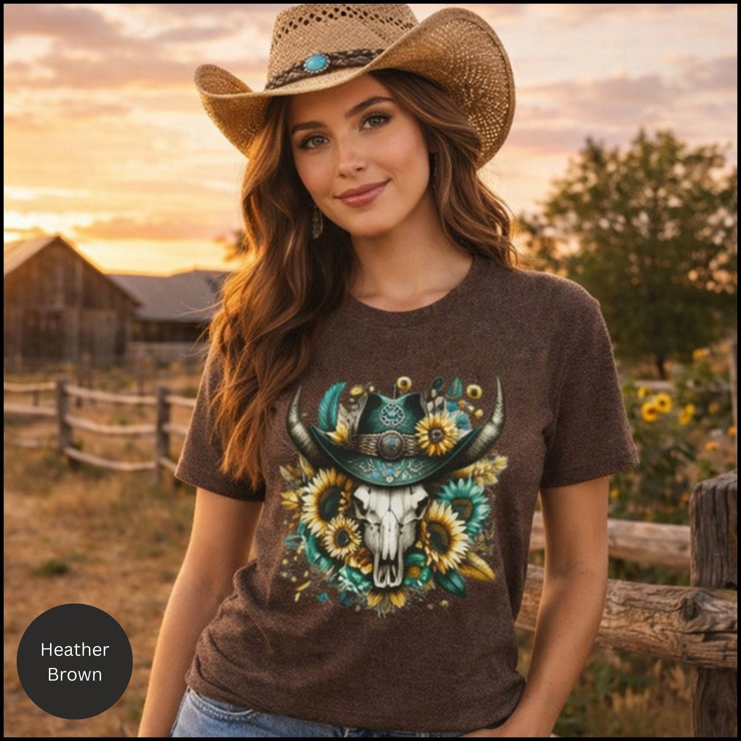 Sunflower Cow Skull Cowgirl Graphic Tee – Western Boho Bull Skull T-Shirt