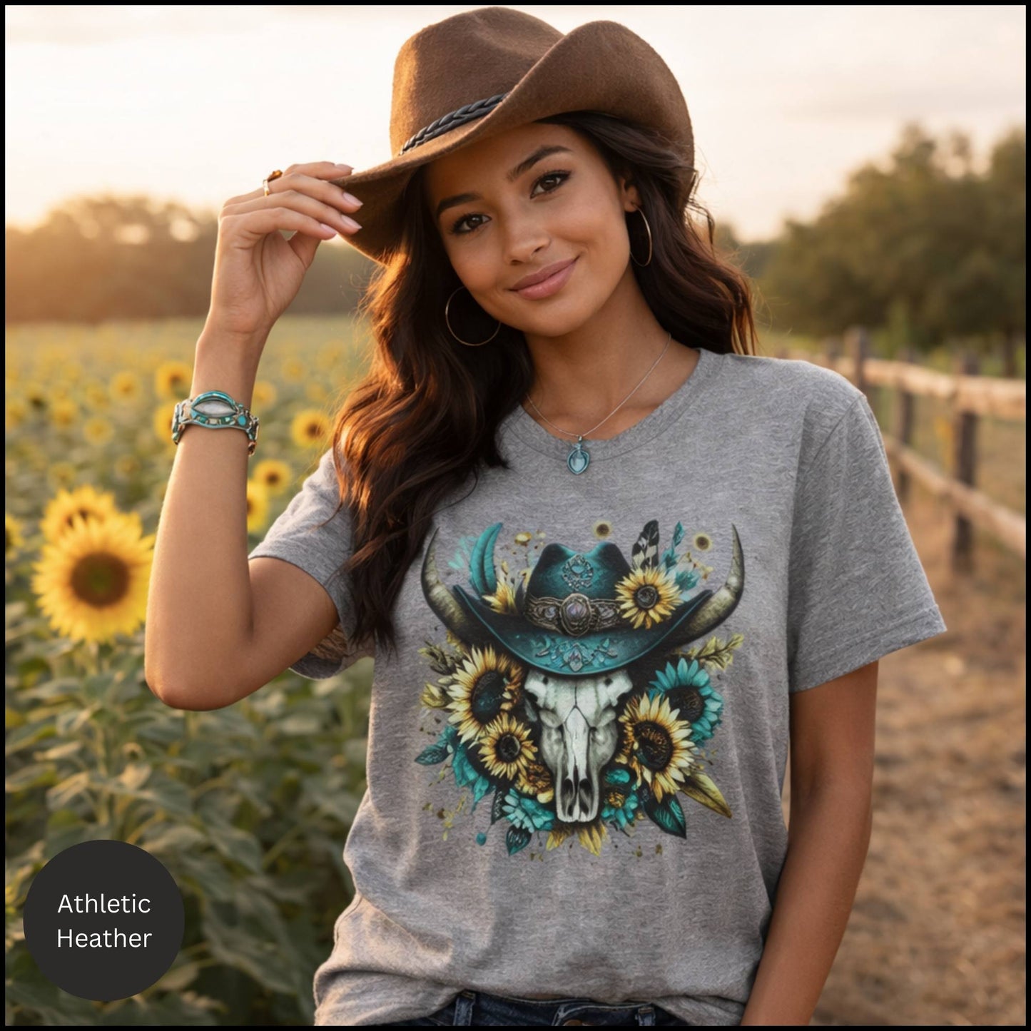 Sunflower Cow Skull Cowgirl Graphic Tee – Western Boho Bull Skull T-Shirt
