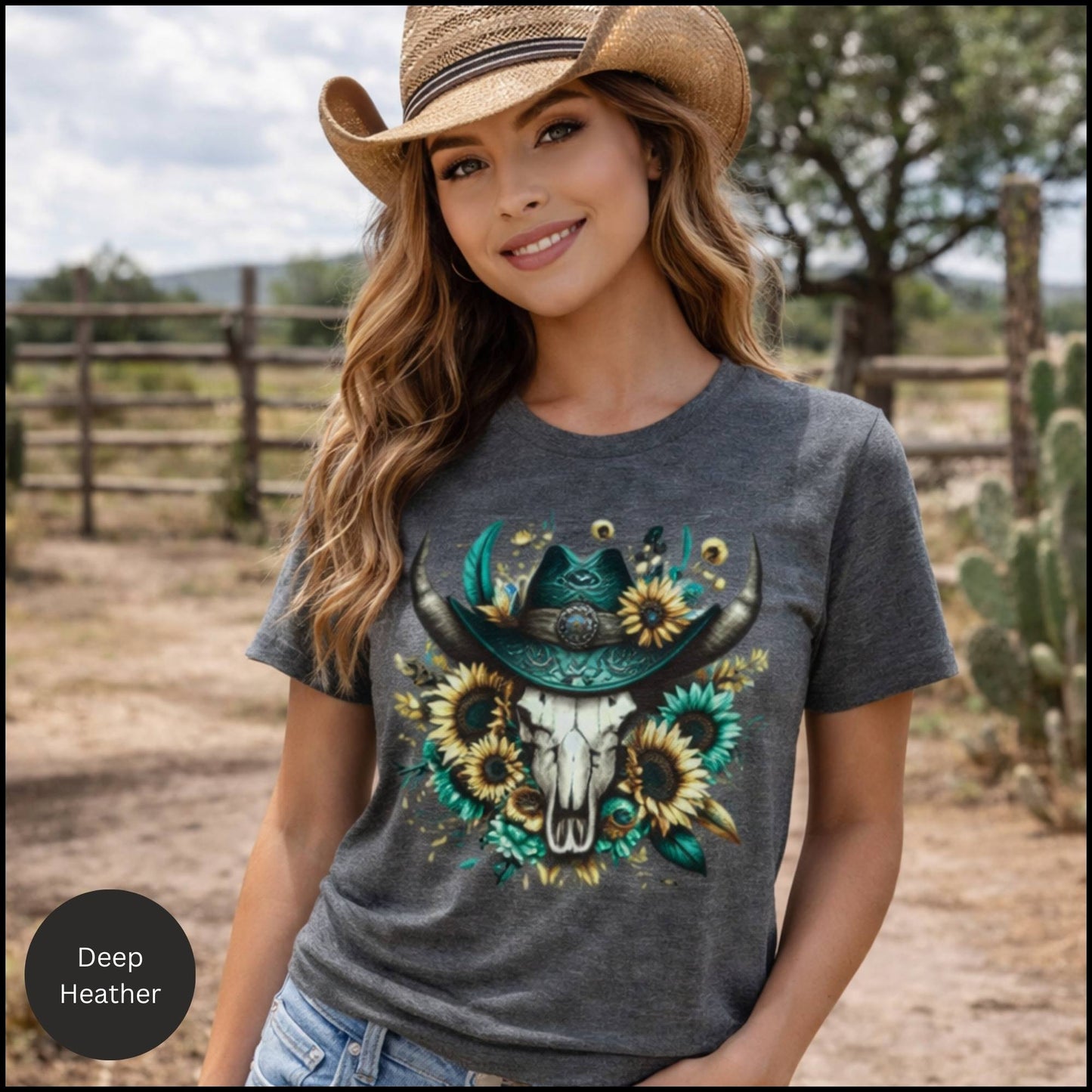 Sunflower Cow Skull Cowgirl Graphic Tee – Western Boho Bull Skull T-Shirt