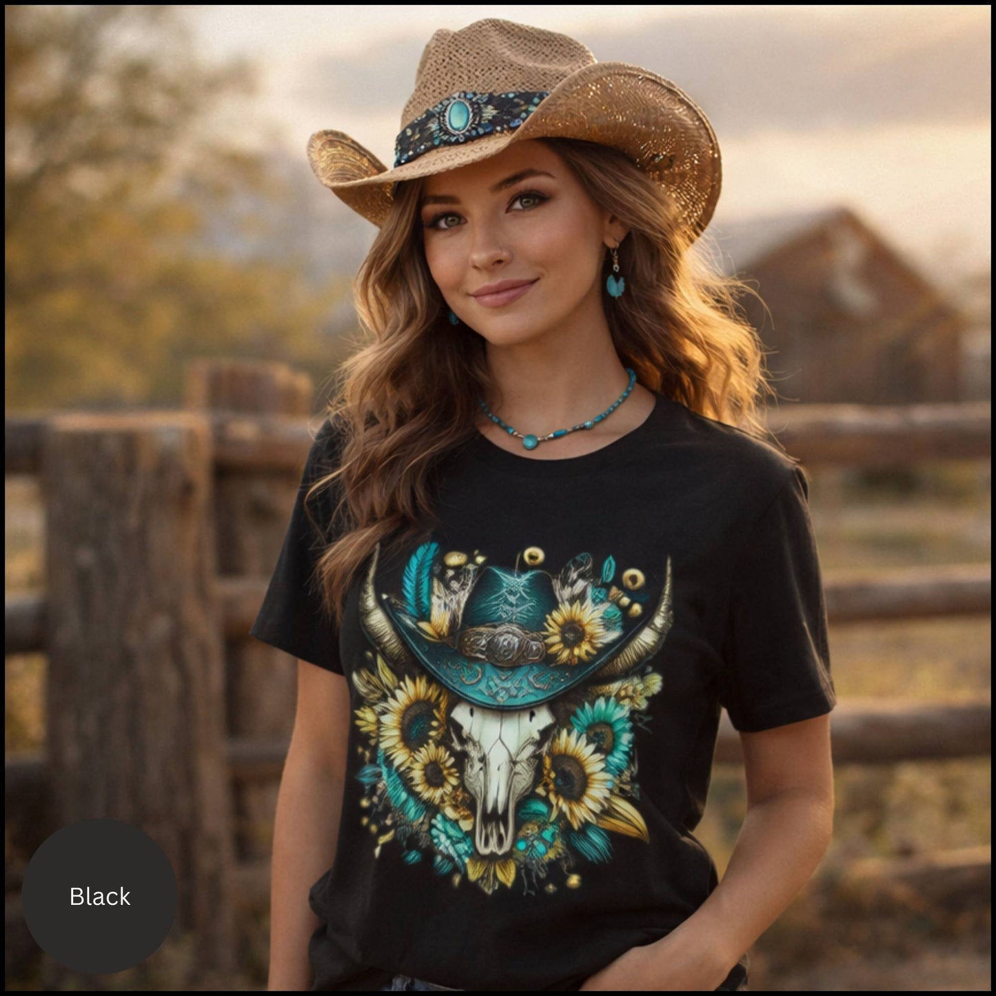 Sunflower Cow Skull Cowgirl Graphic Tee – Western Boho Bull Skull T-Shirt