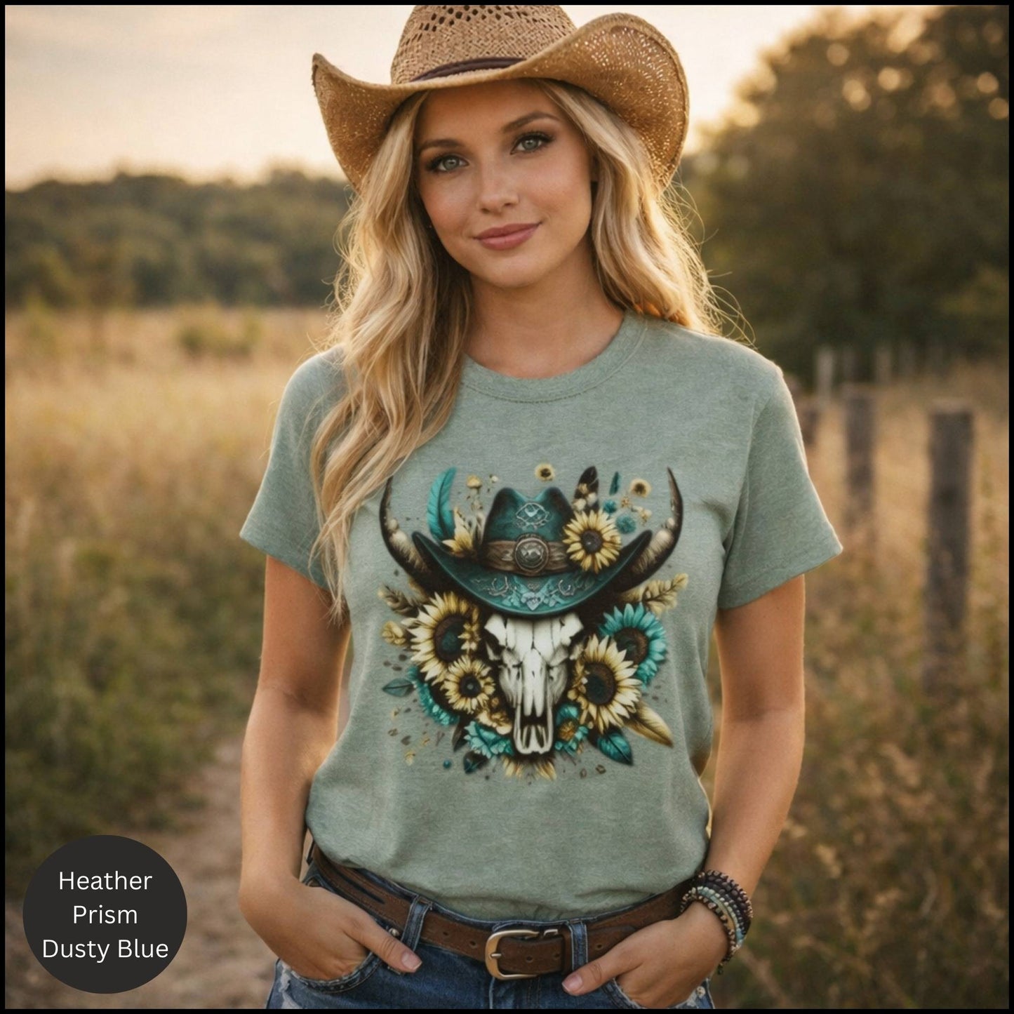 Sunflower Cow Skull Cowgirl Graphic Tee – Western Boho Bull Skull T-Shirt