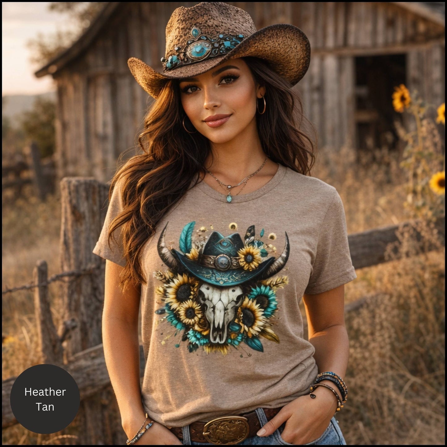 Sunflower Cow Skull Cowgirl Graphic Tee – Western Boho Bull Skull T-Shirt