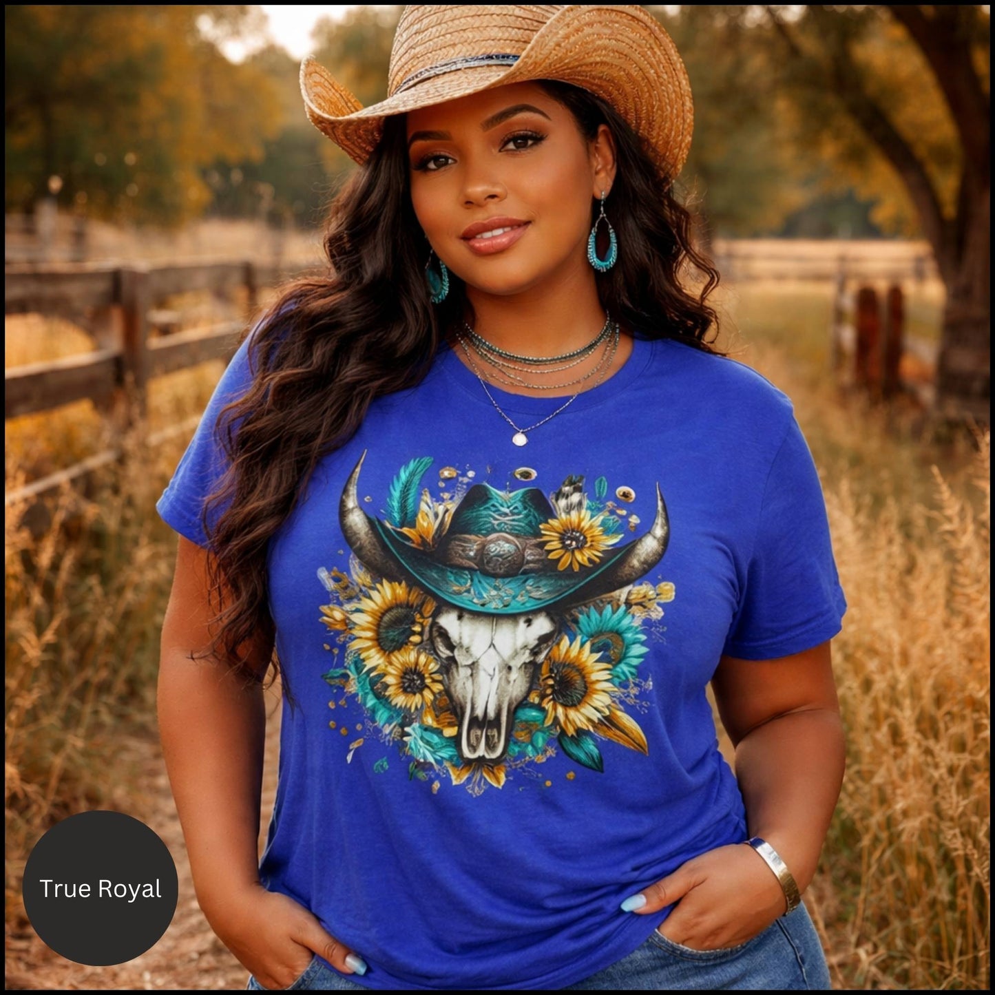 Sunflower Cow Skull Cowgirl Graphic Tee – Western Boho Bull Skull T-Shirt