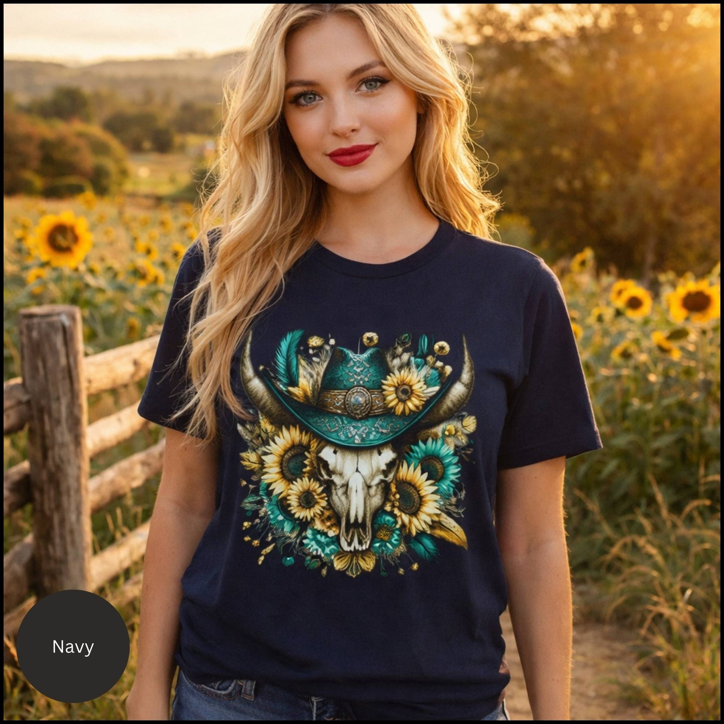 Sunflower Cow Skull Cowgirl Graphic Tee – Western Boho Bull Skull T-Shirt