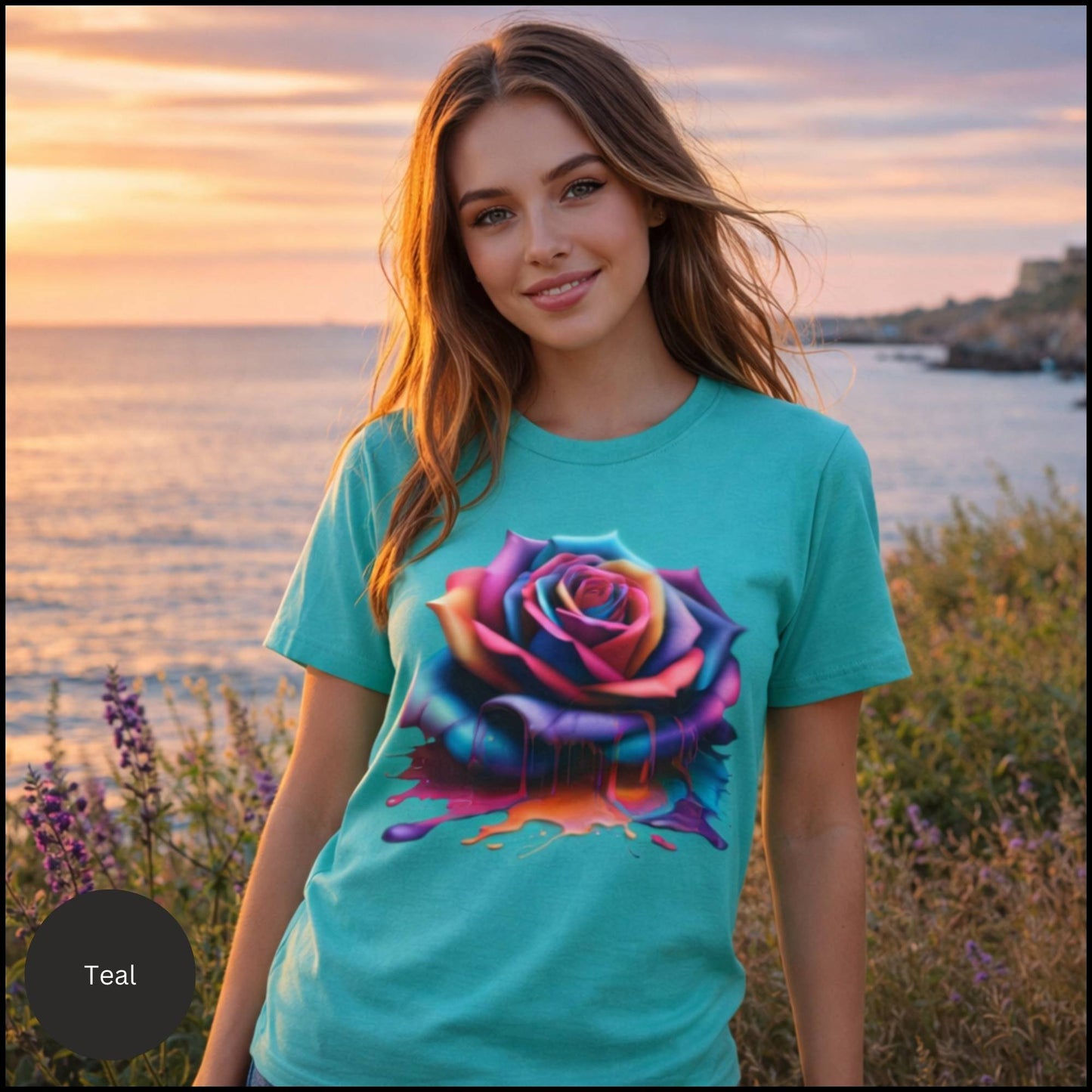 Vibrant Rainbow Rose Graphic Tee – Colorful Artistic Floral Statement T-Shirt