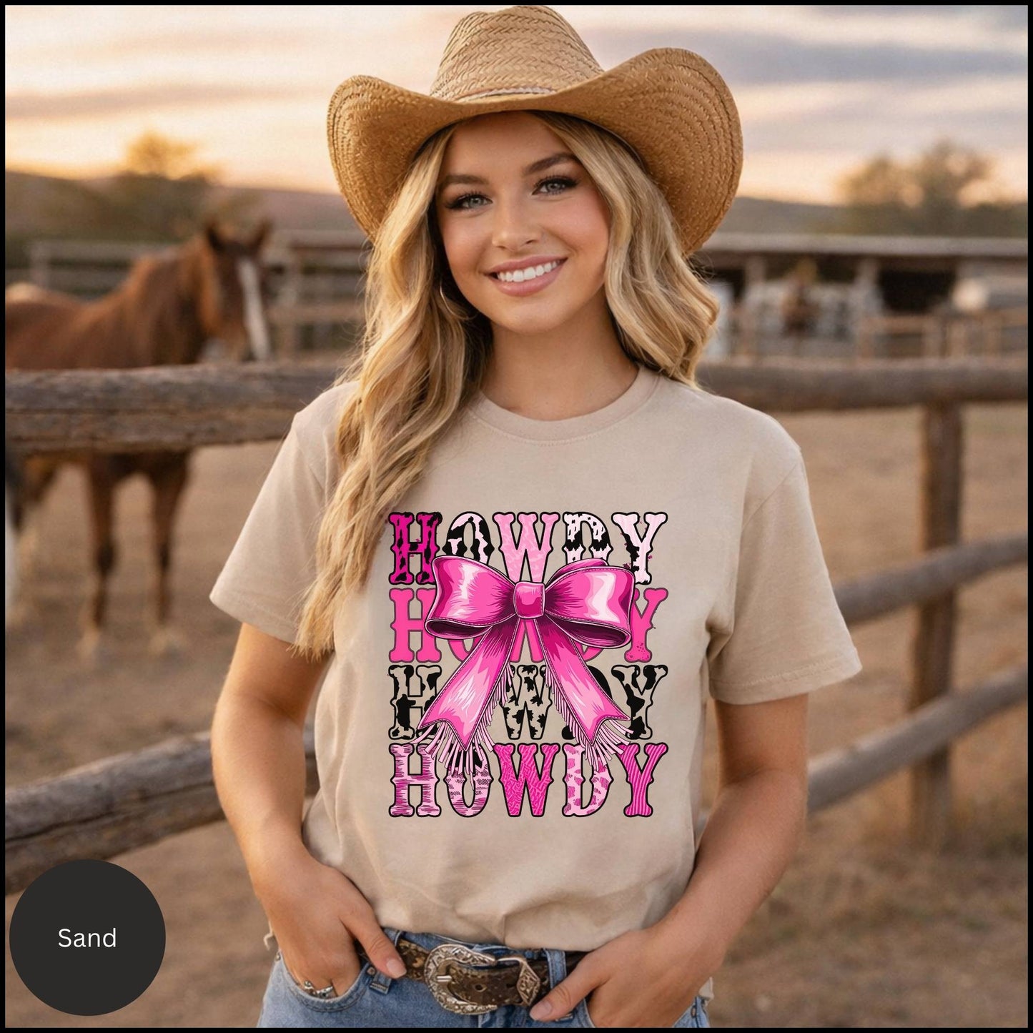 Howdy Howdy Howdy Pink Bow Graphic Tee – Girly Western Cowgirl T-Shirt