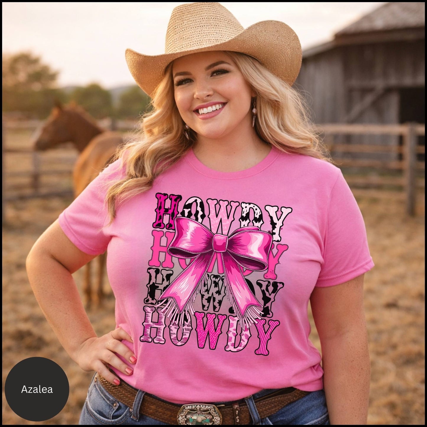 Howdy Howdy Howdy Pink Bow Graphic Tee – Girly Western Cowgirl T-Shirt