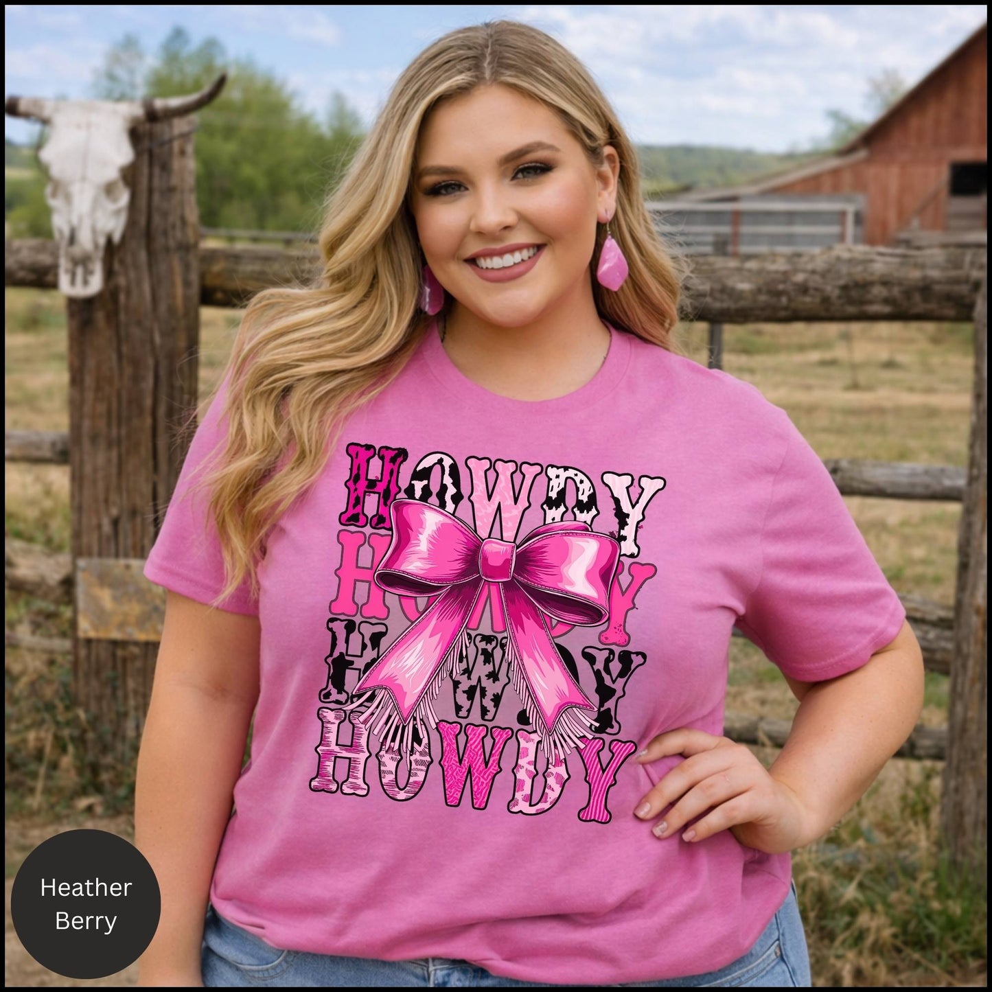 Howdy Howdy Howdy Pink Bow Graphic Tee – Girly Western Cowgirl T-Shirt