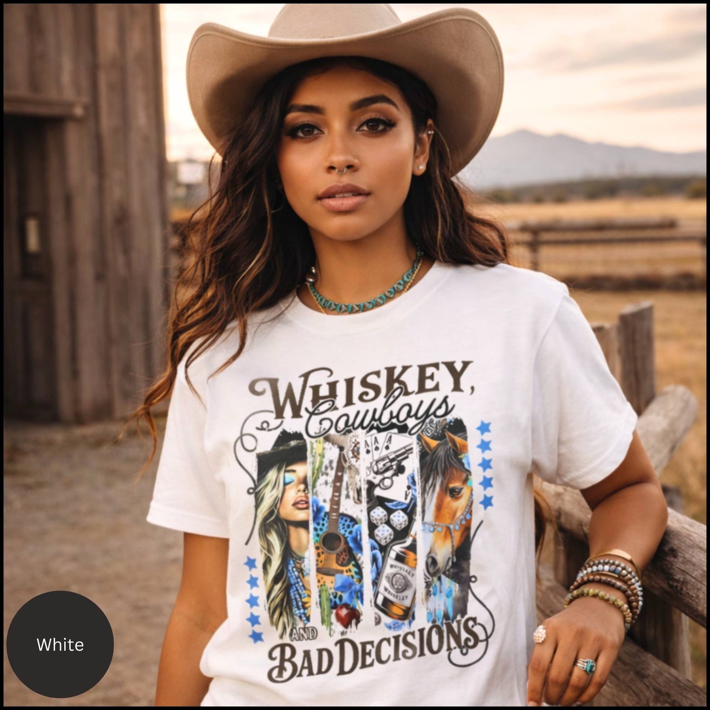 Whiskey, Cowboys & Bad Decisions Graphic Tee – Western Cowgirl Humor T-Shirt