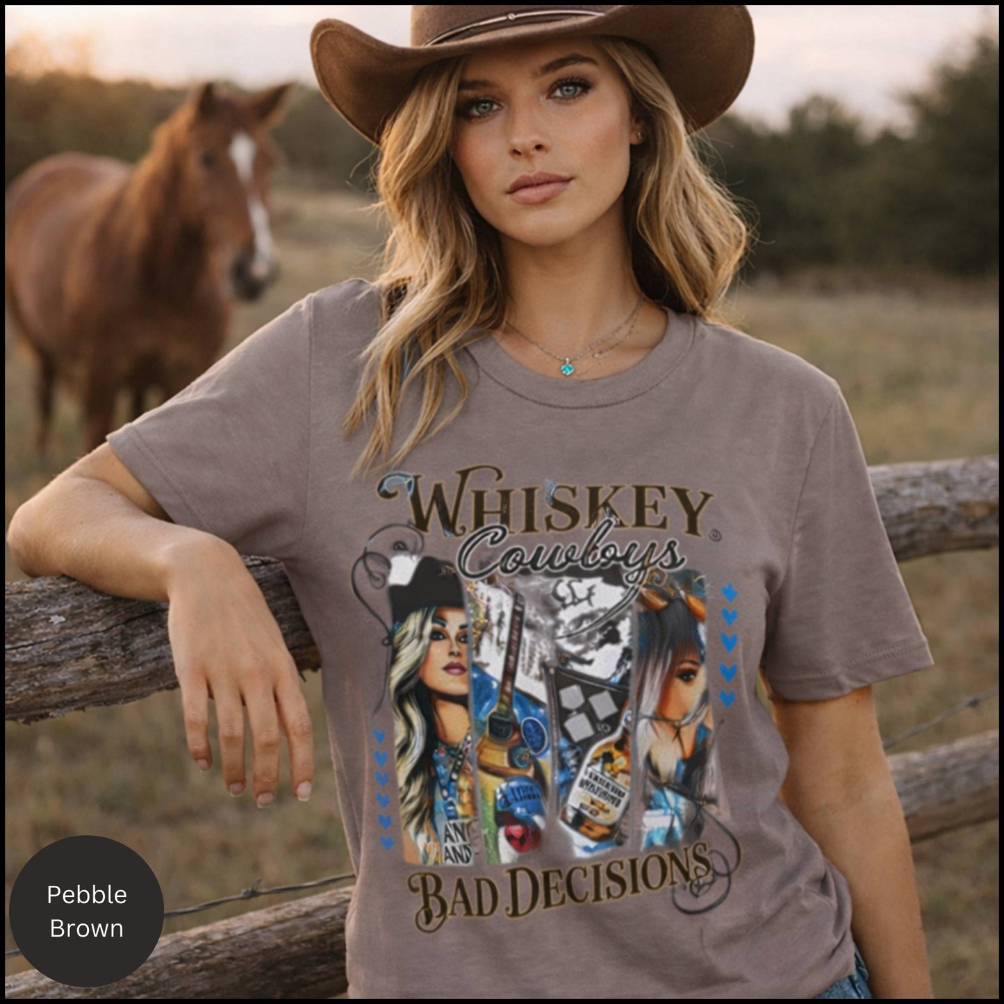 Whiskey, Cowboys & Bad Decisions Graphic Tee – Western Cowgirl Humor T-Shirt