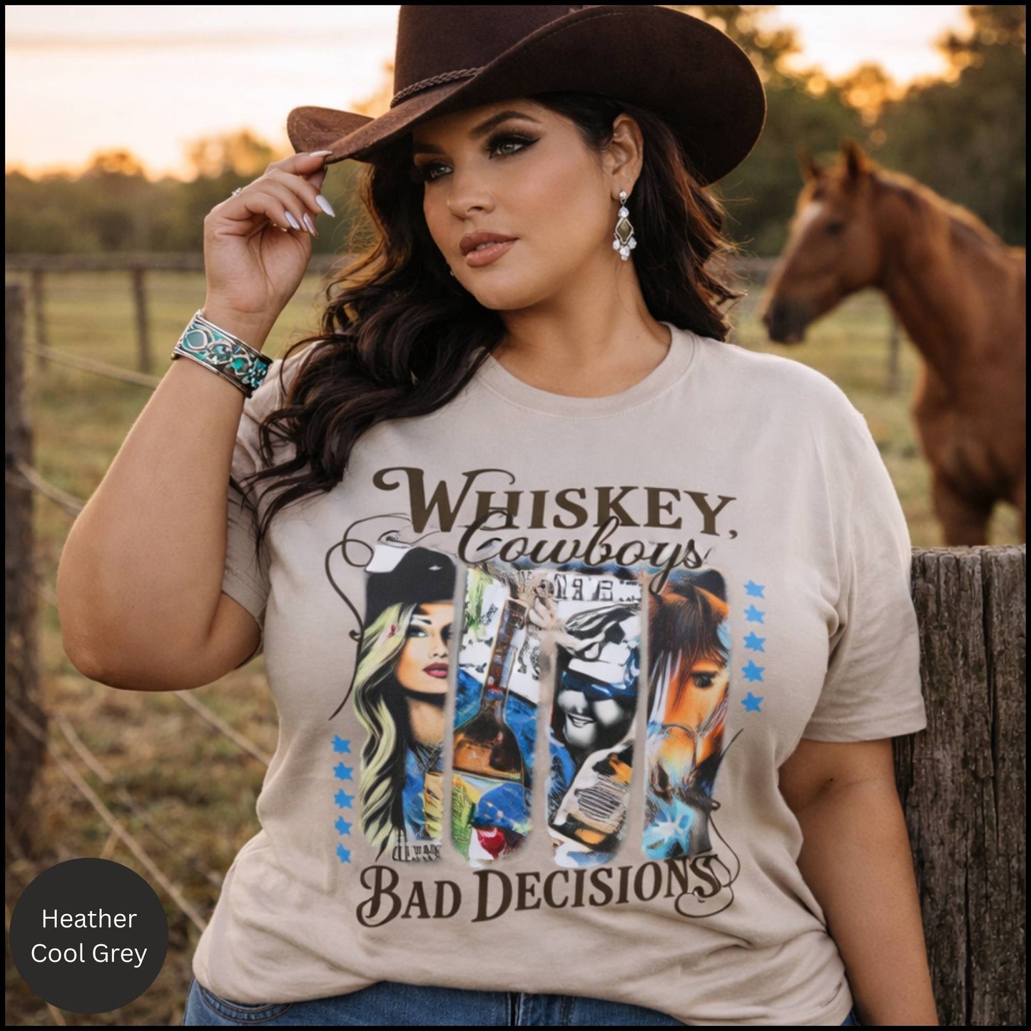 Whiskey, Cowboys & Bad Decisions Graphic Tee – Western Cowgirl Humor T-Shirt