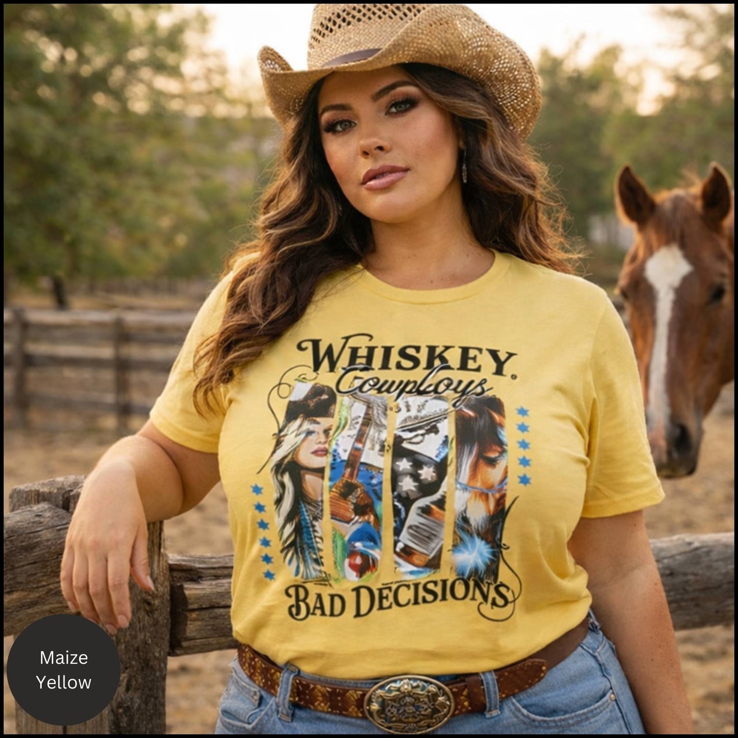 Whiskey, Cowboys & Bad Decisions Graphic Tee – Western Cowgirl Humor T-Shirt