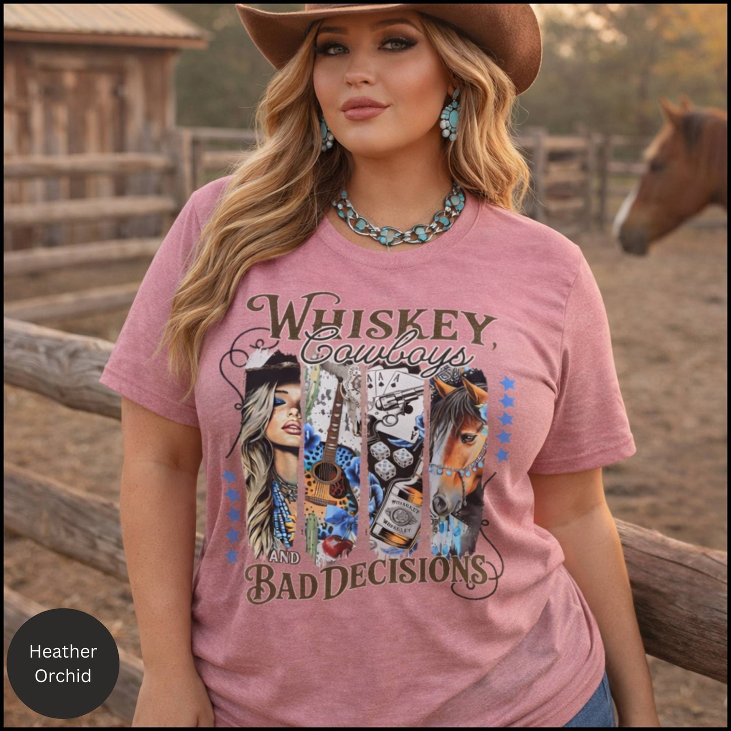 Whiskey, Cowboys & Bad Decisions Graphic Tee – Western Cowgirl Humor T-Shirt