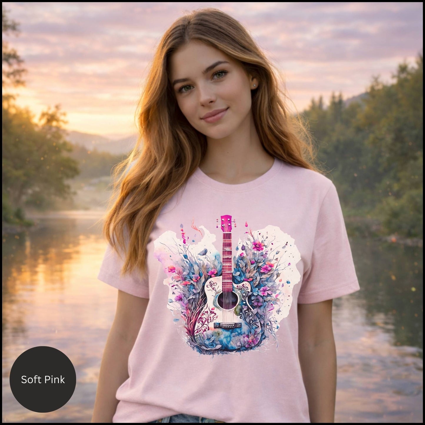 Floral Acoustic Guitar Graphic Tee – Artistic Music Lover Boho T-Shirt
