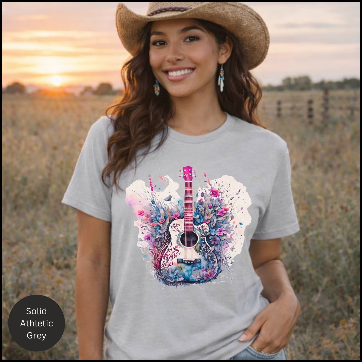 Floral Acoustic Guitar Graphic Tee – Artistic Music Lover Boho T-Shirt