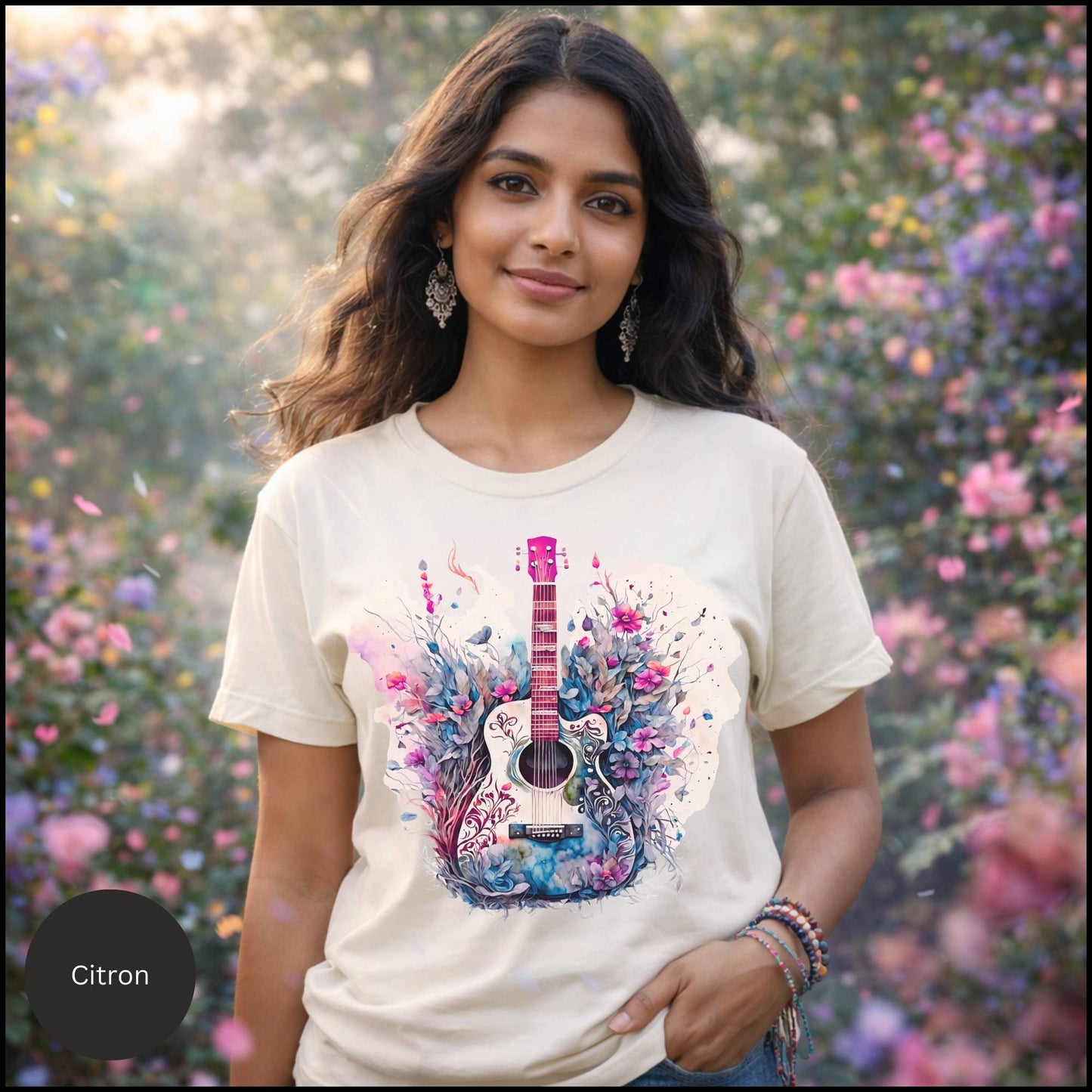 Floral Acoustic Guitar Graphic Tee – Artistic Music Lover Boho T-Shirt