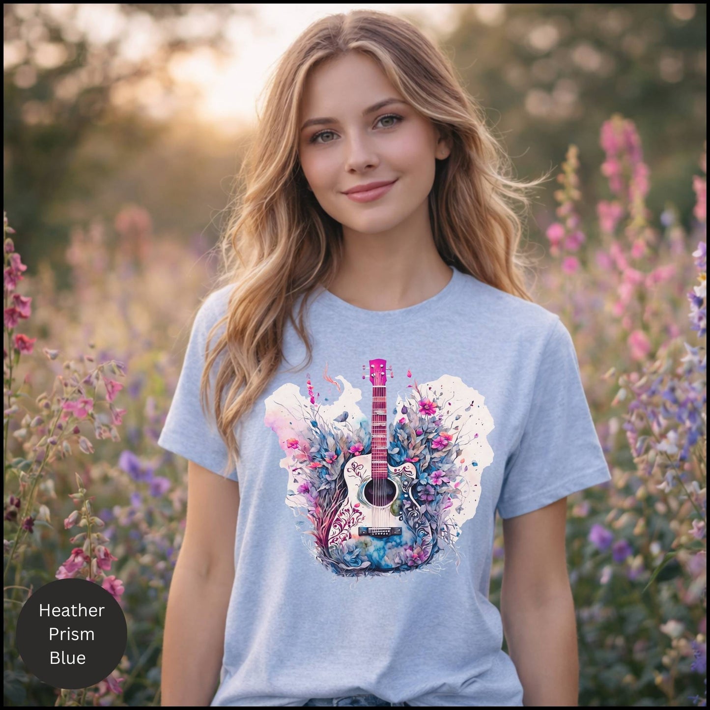 Floral Acoustic Guitar Graphic Tee – Artistic Music Lover Boho T-Shirt