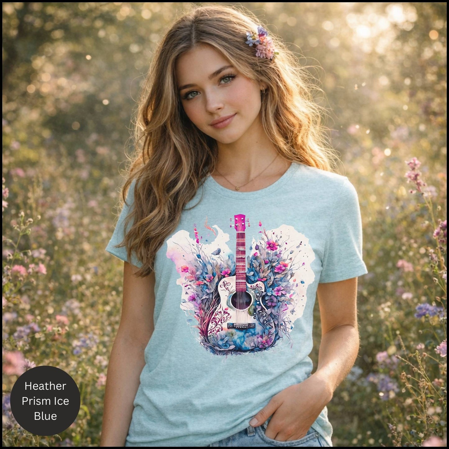 Floral Acoustic Guitar Graphic Tee – Artistic Music Lover Boho T-Shirt