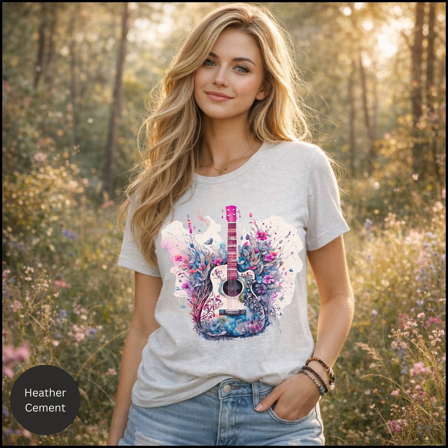 Floral Acoustic Guitar Graphic Tee – Artistic Music Lover Boho T-Shirt