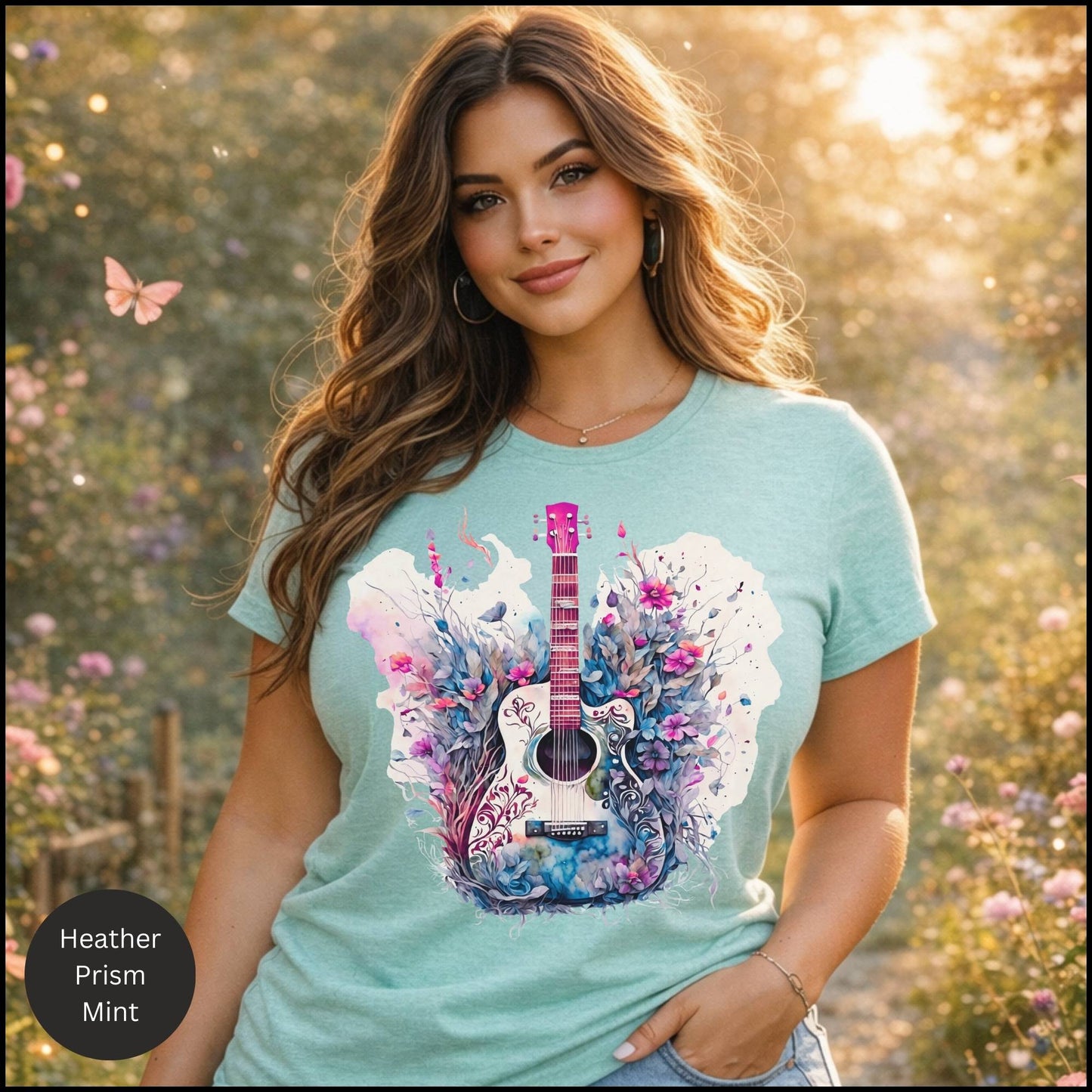 Floral Acoustic Guitar Graphic Tee – Artistic Music Lover Boho T-Shirt