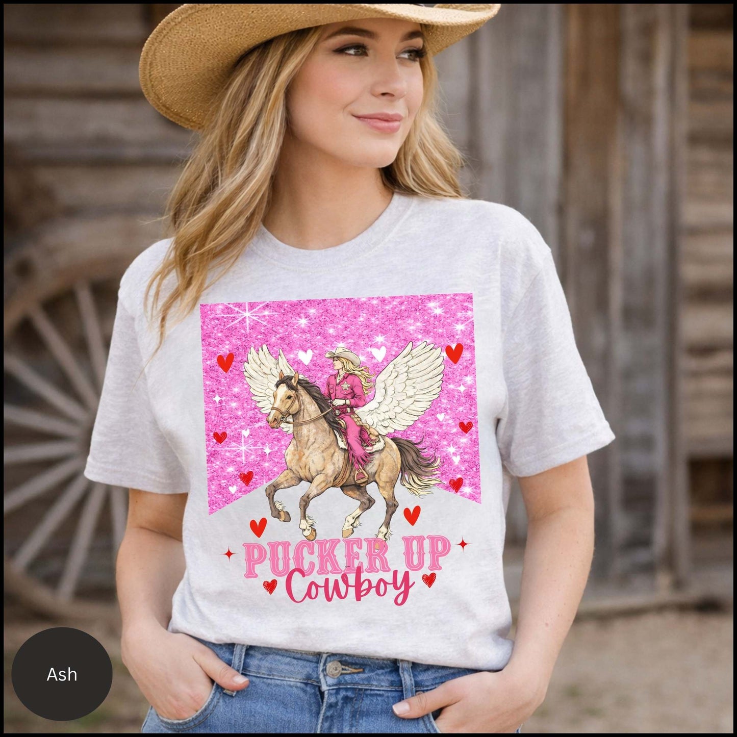 Pucker Up Cowboy - Valentine Cowgirl Graphic Tee – Pink Glitter Western Horse Shirt, Romantic Cowgirl Aesthetic, Country Valentine Outfit