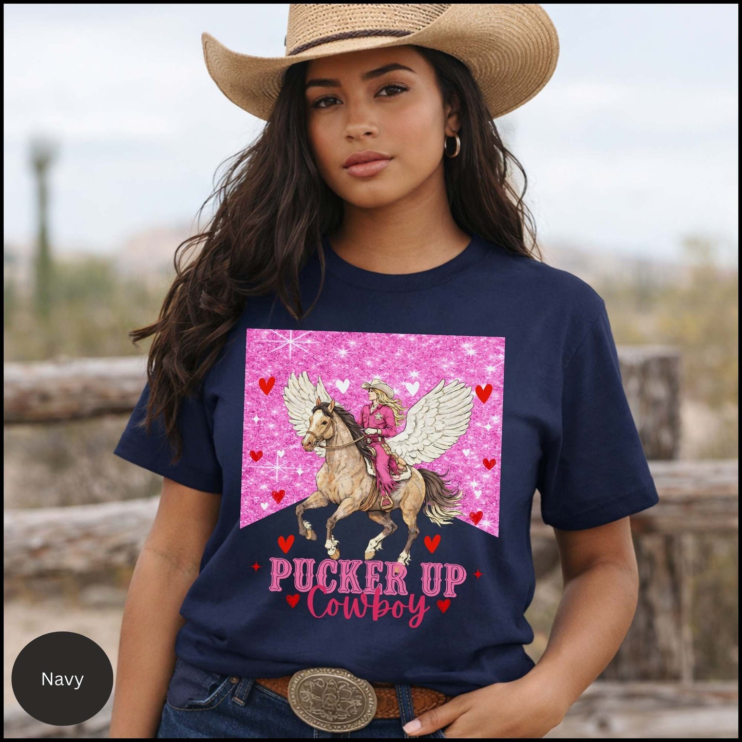 Pucker Up Cowboy - Valentine Cowgirl Graphic Tee – Pink Glitter Western Horse Shirt, Romantic Cowgirl Aesthetic, Country Valentine Outfit