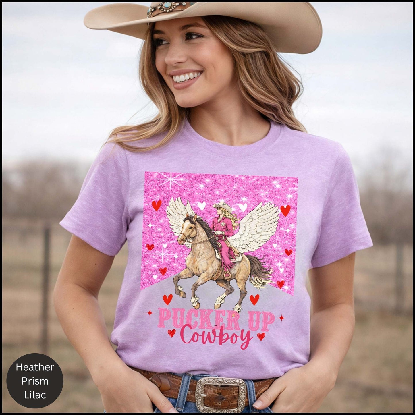 Pucker Up Cowboy - Valentine Cowgirl Graphic Tee – Pink Glitter Western Horse Shirt, Romantic Cowgirl Aesthetic, Country Valentine Outfit