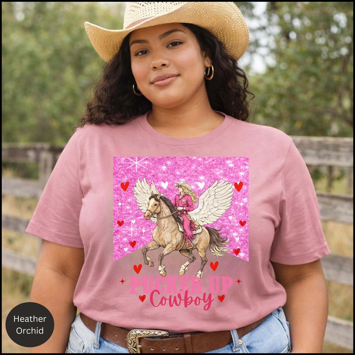 Pucker Up Cowboy - Valentine Cowgirl Graphic Tee – Pink Glitter Western Horse Shirt, Romantic Cowgirl Aesthetic, Country Valentine Outfit