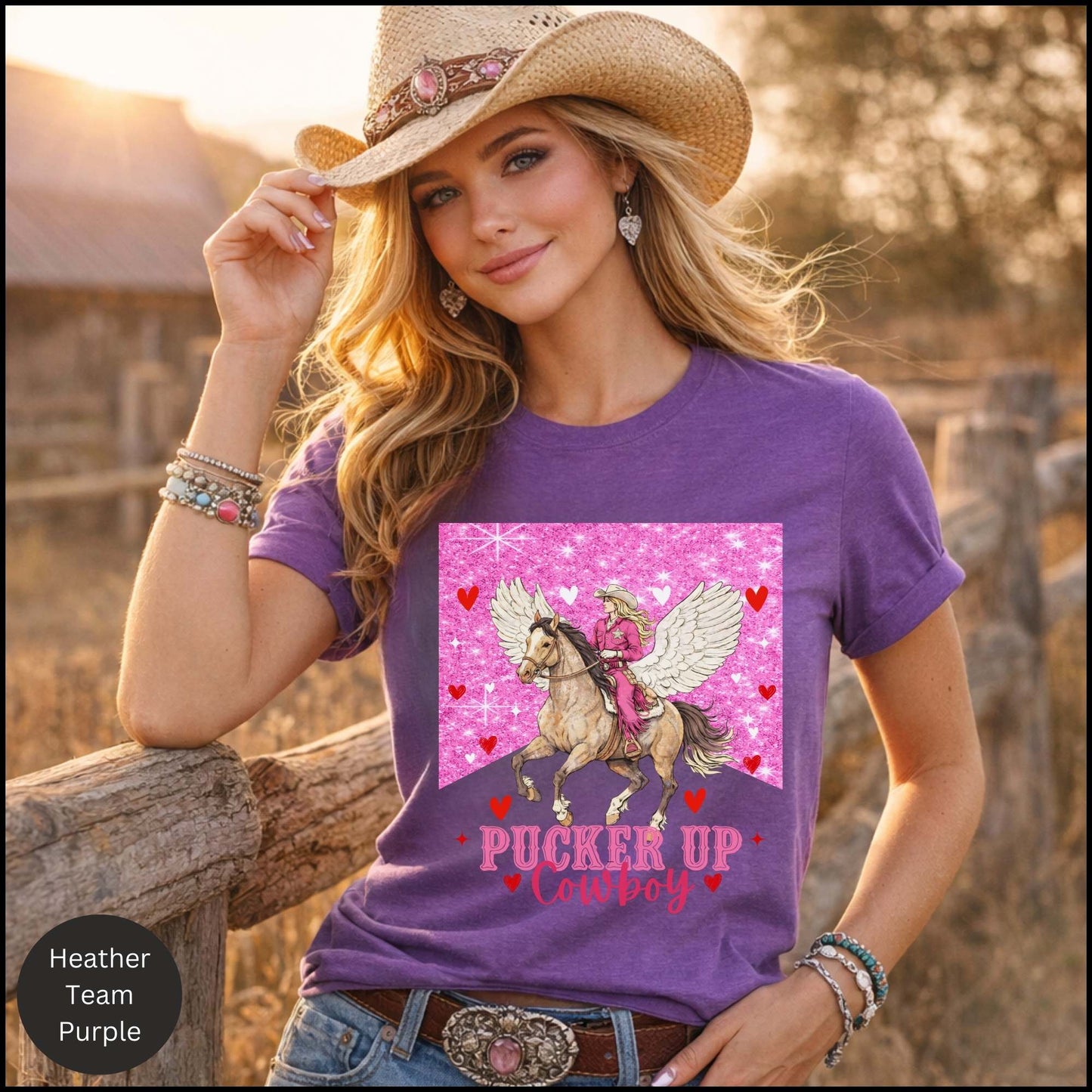 Pucker Up Cowboy - Valentine Cowgirl Graphic Tee – Pink Glitter Western Horse Shirt, Romantic Cowgirl Aesthetic, Country Valentine Outfit