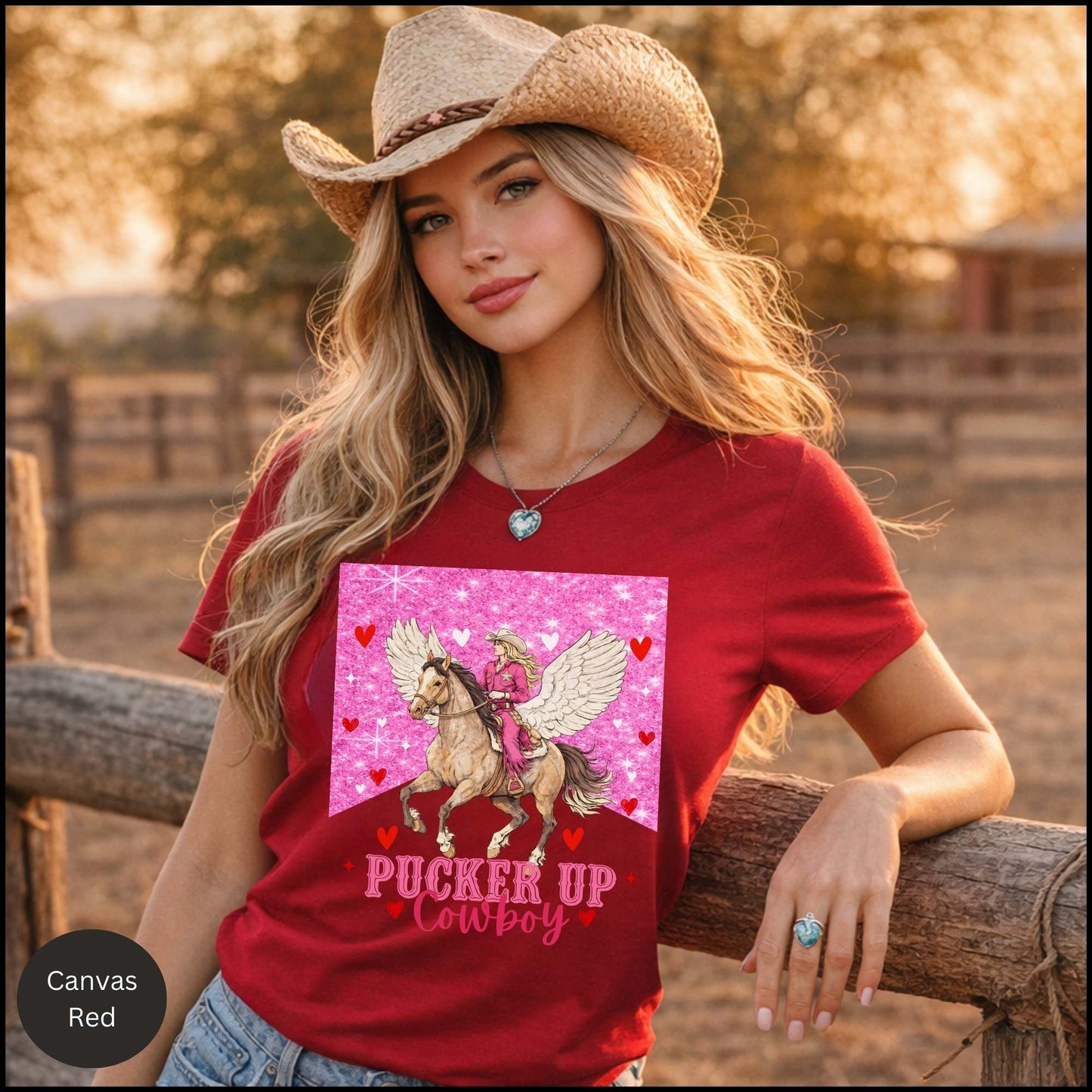 Pucker Up Cowboy - Valentine Cowgirl Graphic Tee – Pink Glitter Western Horse Shirt, Romantic Cowgirl Aesthetic, Country Valentine Outfit