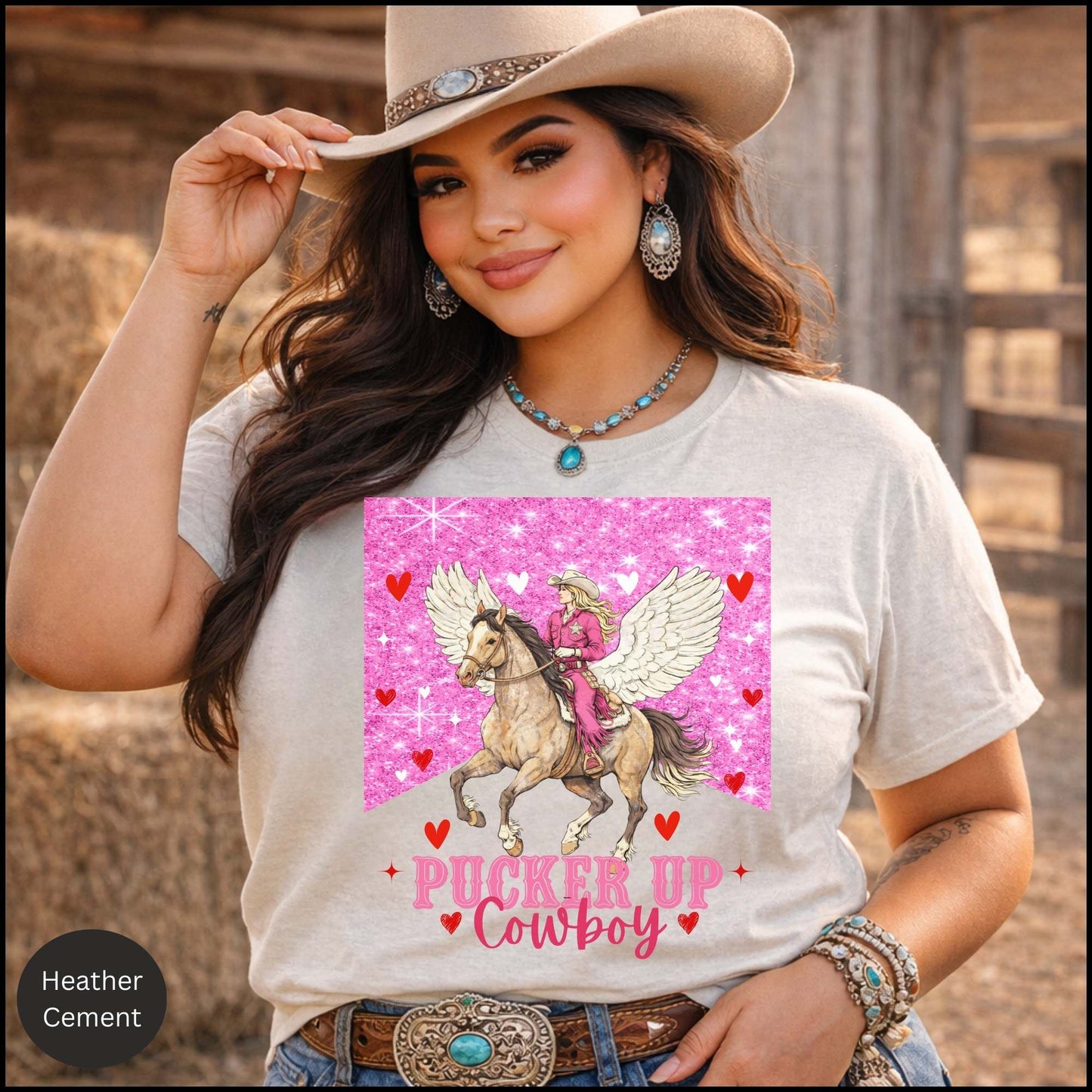 Pucker Up Cowboy - Valentine Cowgirl Graphic Tee – Pink Glitter Western Horse Shirt, Romantic Cowgirl Aesthetic, Country Valentine Outfit