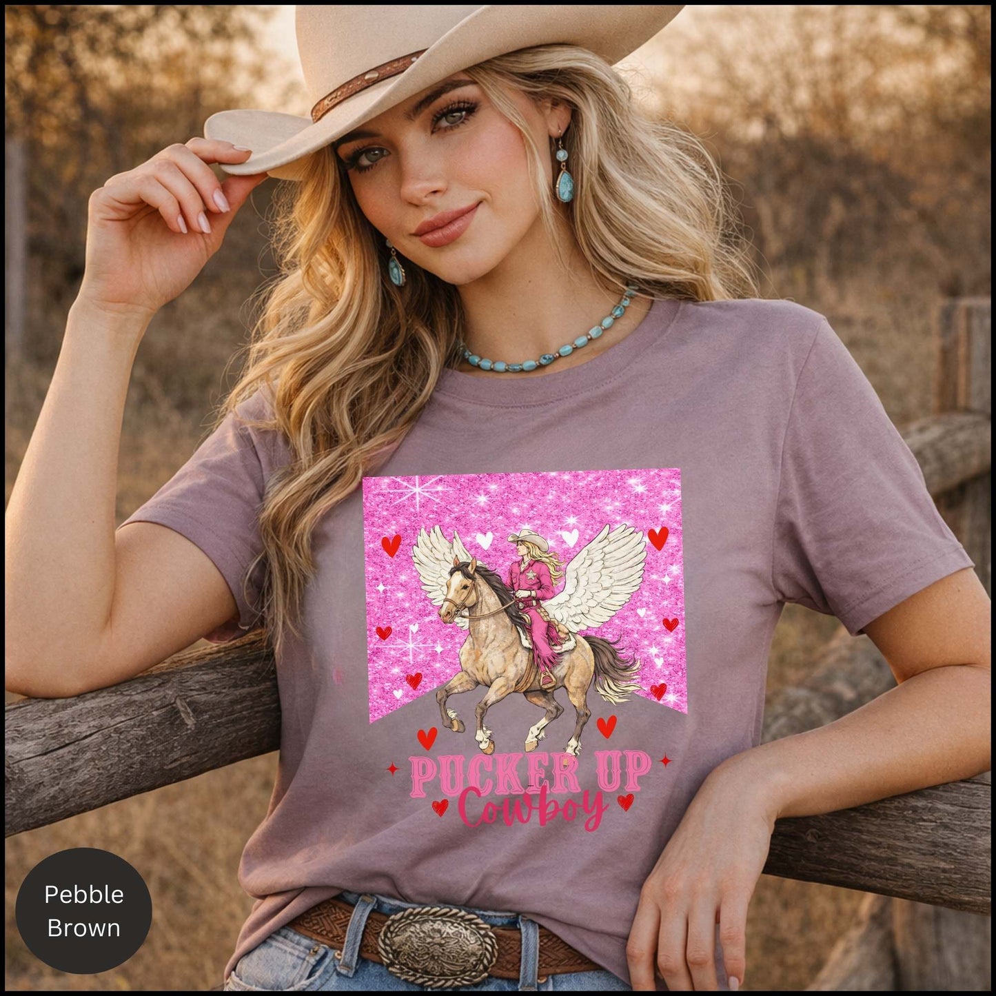Pucker Up Cowboy - Valentine Cowgirl Graphic Tee – Pink Glitter Western Horse Shirt, Romantic Cowgirl Aesthetic, Country Valentine Outfit
