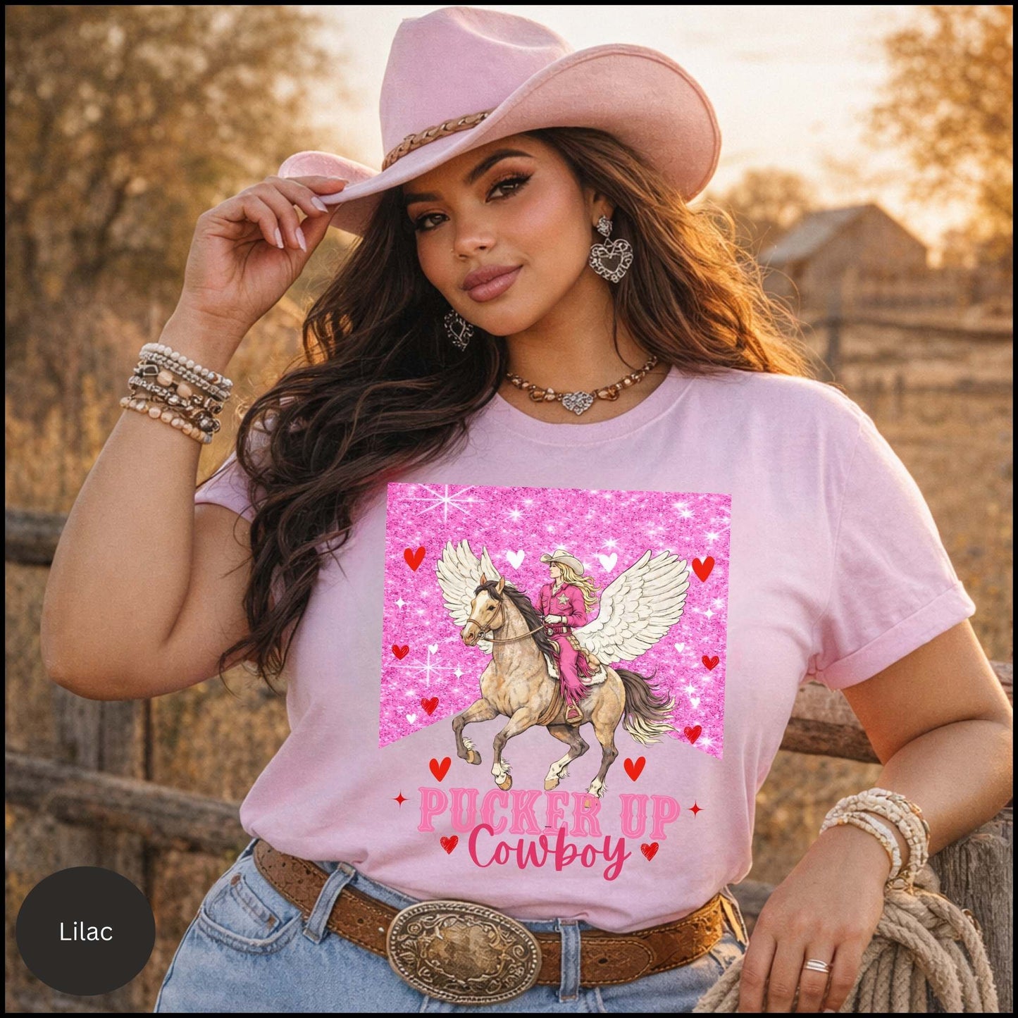 Pucker Up Cowboy - Valentine Cowgirl Graphic Tee – Pink Glitter Western Horse Shirt, Romantic Cowgirl Aesthetic, Country Valentine Outfit