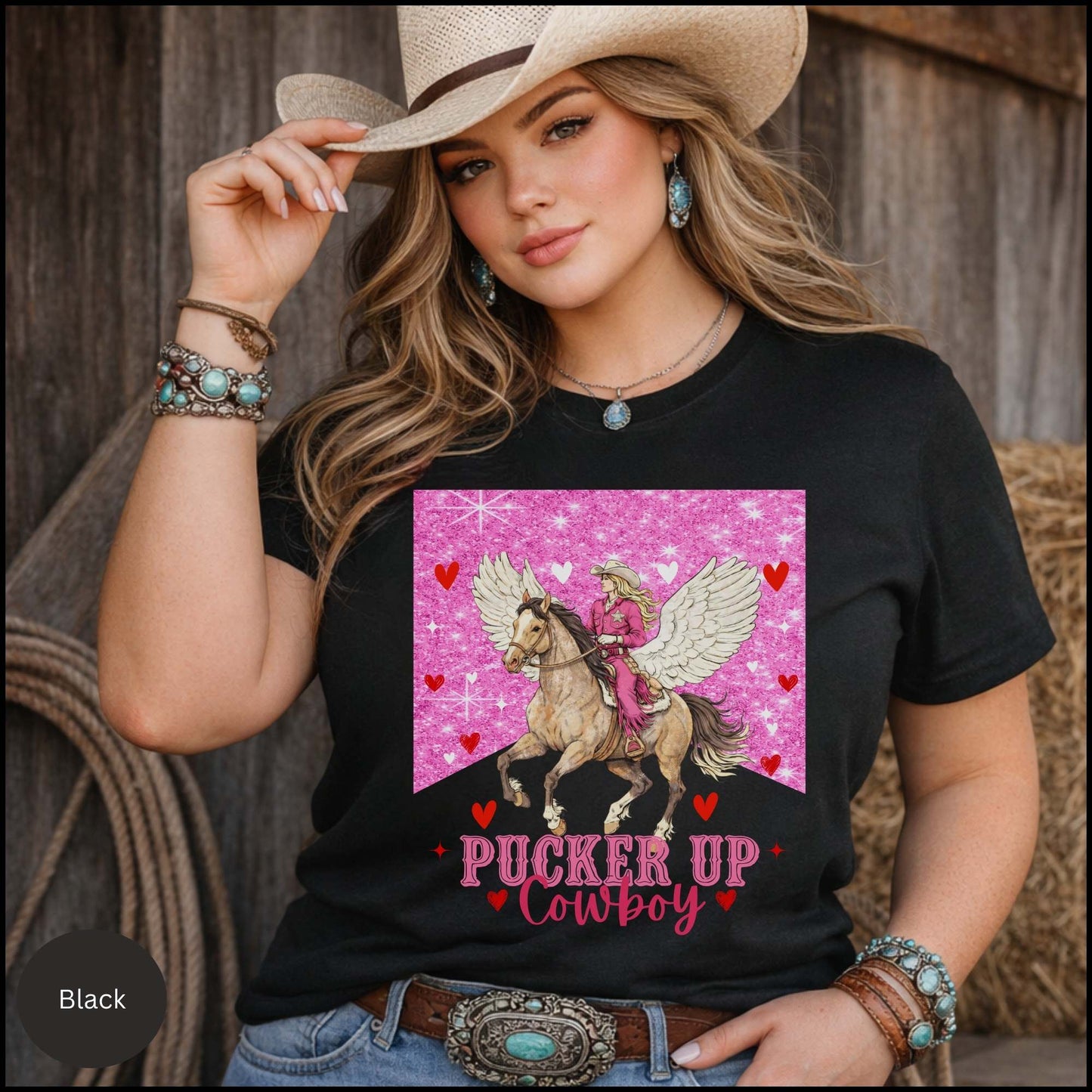 Pucker Up Cowboy - Valentine Cowgirl Graphic Tee – Pink Glitter Western Horse Shirt, Romantic Cowgirl Aesthetic, Country Valentine Outfit