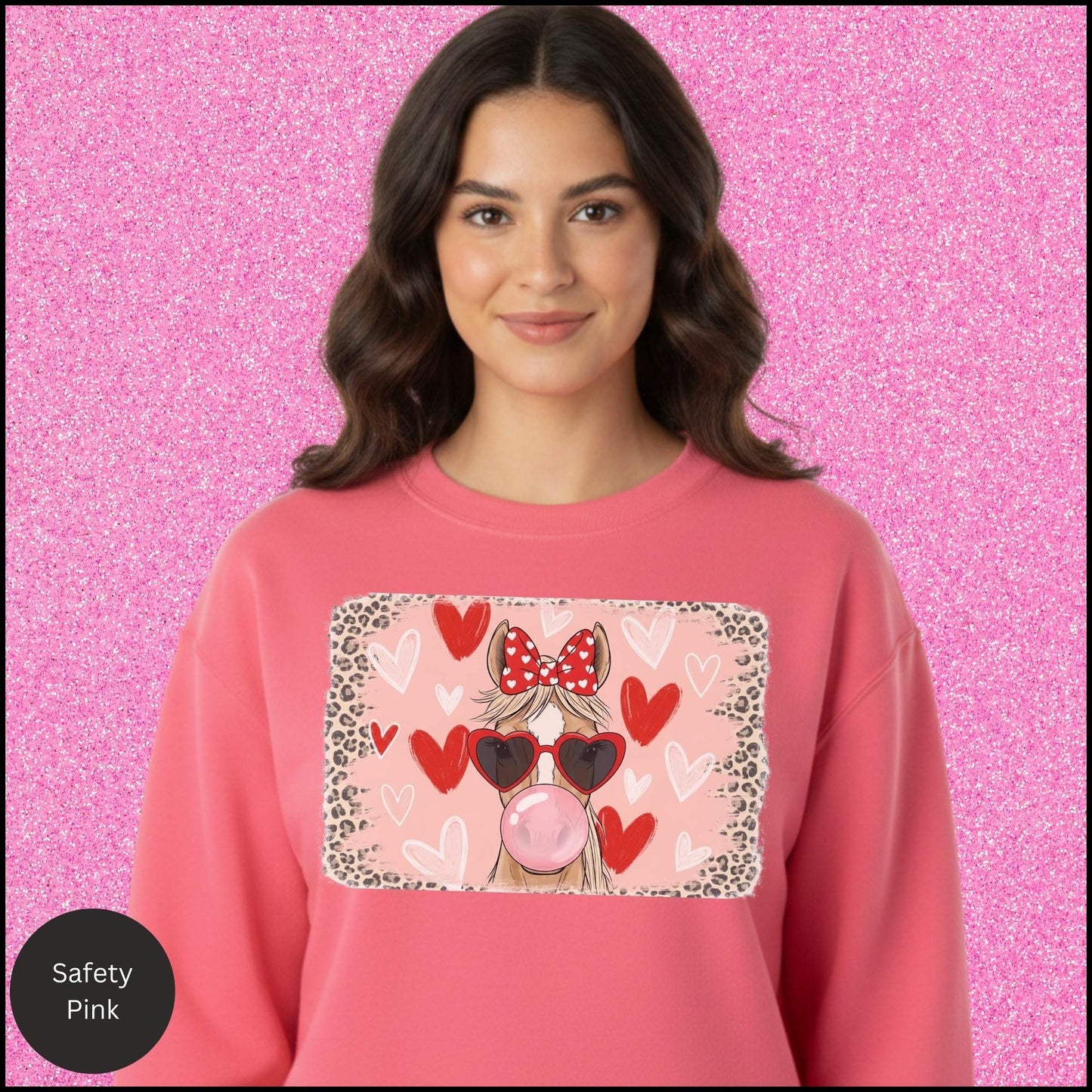 Leopard Cowgirl Valentine Sweatshirt – Pink Bubblegum Horse Graphic, Coquette Western Horse Girl Crewneck, Cute Country Valentine Outfit