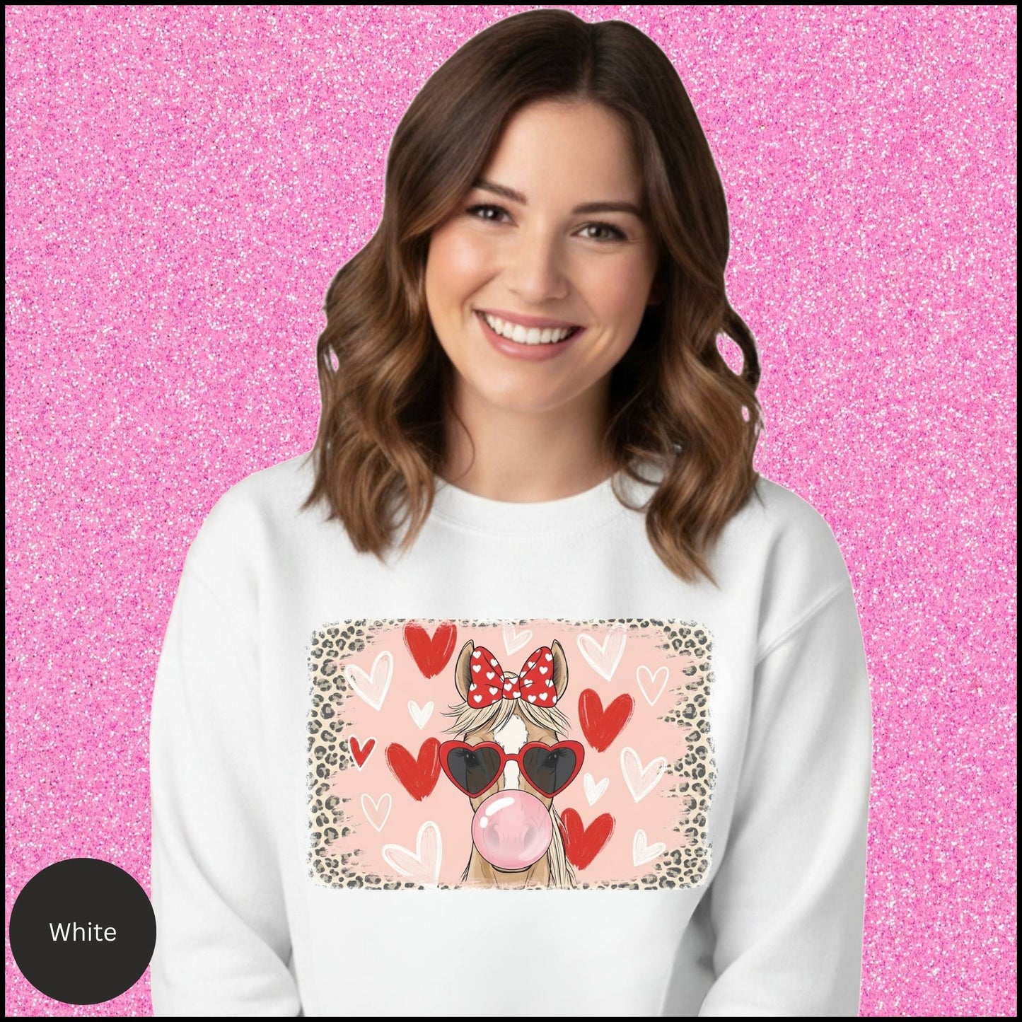 Leopard Cowgirl Valentine Sweatshirt – Pink Bubblegum Horse Graphic, Coquette Western Horse Girl Crewneck, Cute Country Valentine Outfit