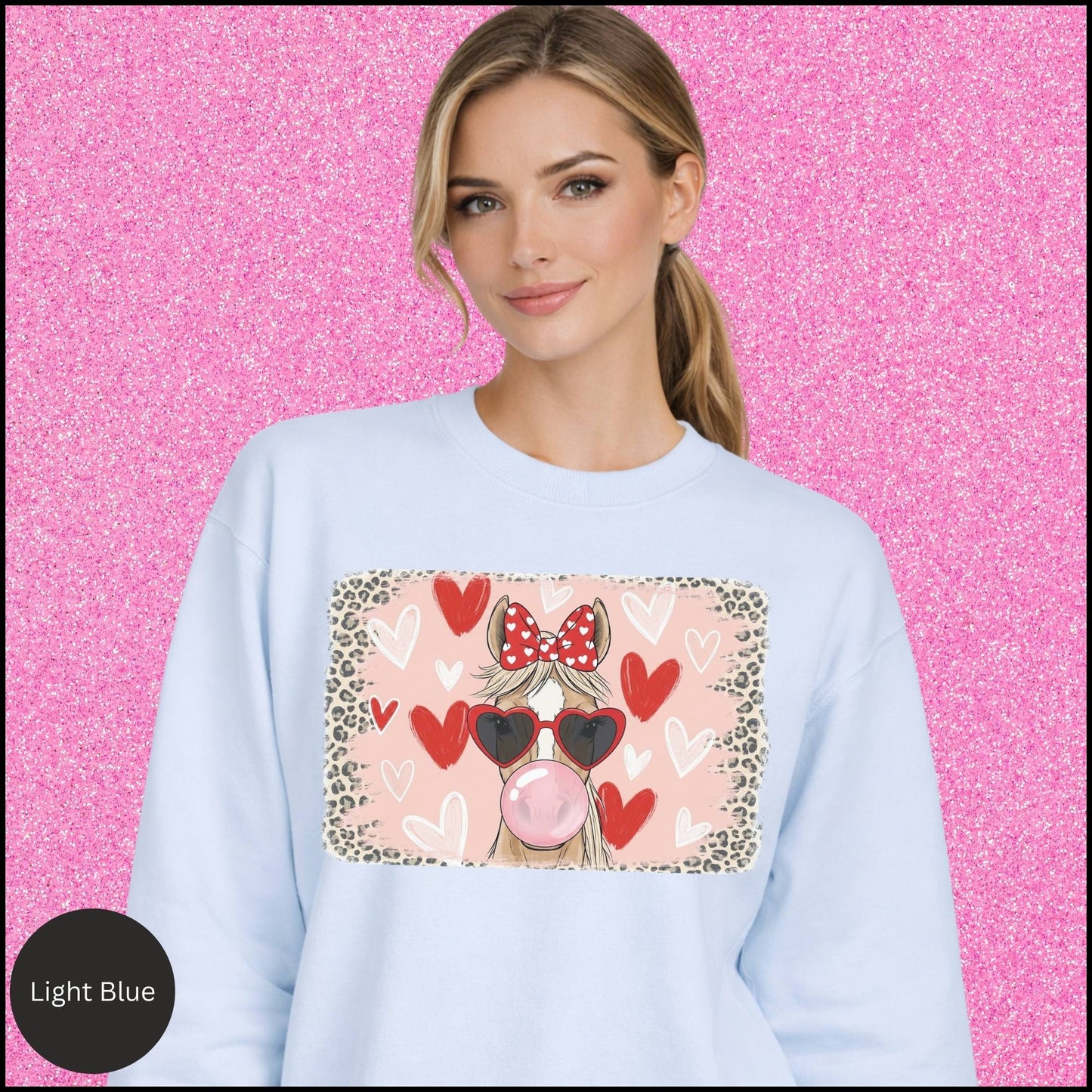 Leopard Cowgirl Valentine Sweatshirt – Pink Bubblegum Horse Graphic, Coquette Western Horse Girl Crewneck, Cute Country Valentine Outfit