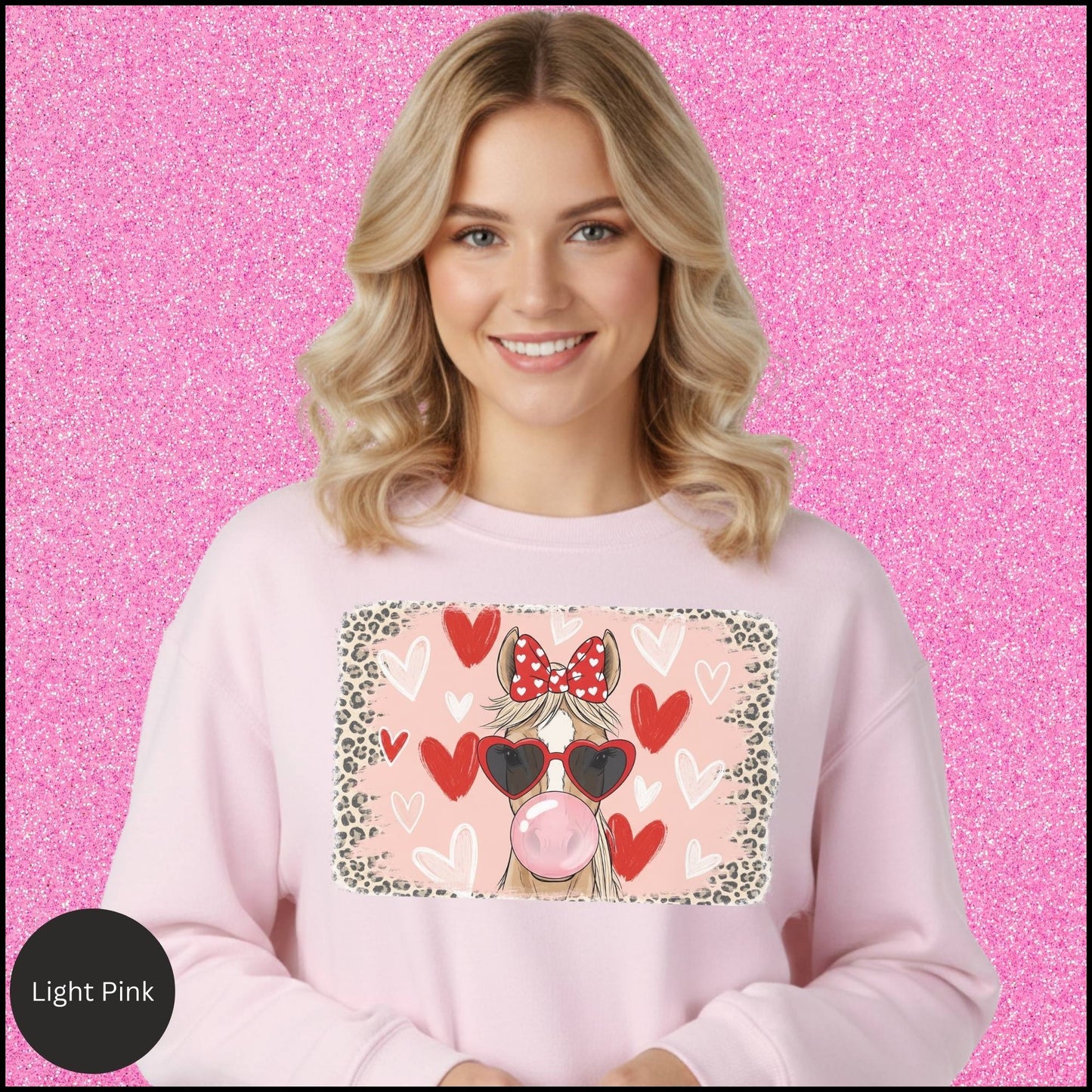 Leopard Cowgirl Valentine Sweatshirt – Pink Bubblegum Horse Graphic, Coquette Western Horse Girl Crewneck, Cute Country Valentine Outfit