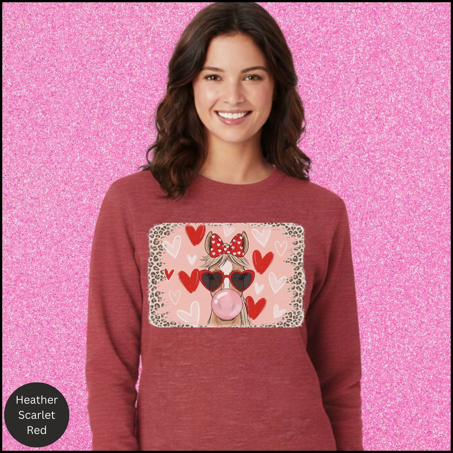 Leopard Cowgirl Valentine Sweatshirt – Pink Bubblegum Horse Graphic, Coquette Western Horse Girl Crewneck, Cute Country Valentine Outfit