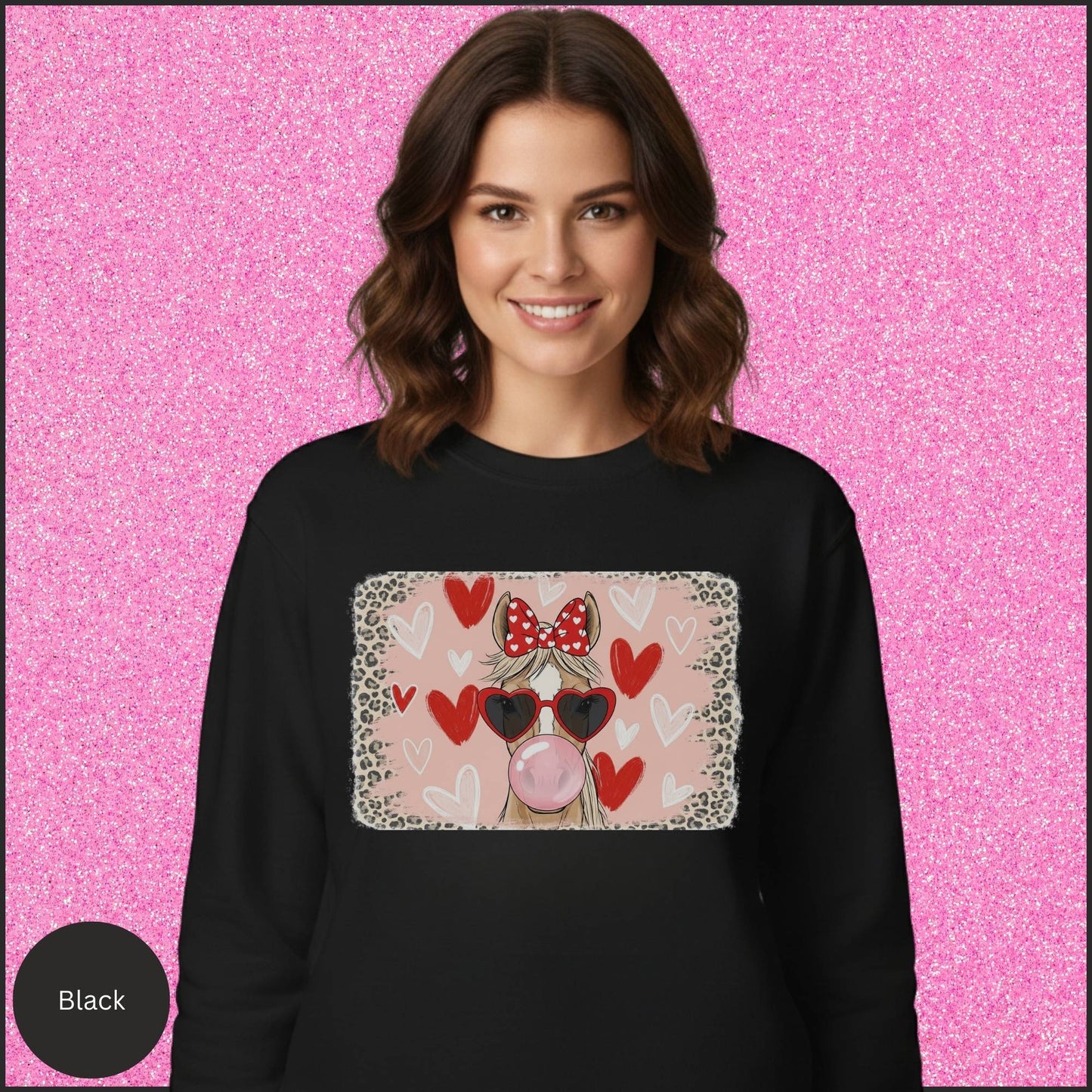 Leopard Cowgirl Valentine Sweatshirt – Pink Bubblegum Horse Graphic, Coquette Western Horse Girl Crewneck, Cute Country Valentine Outfit