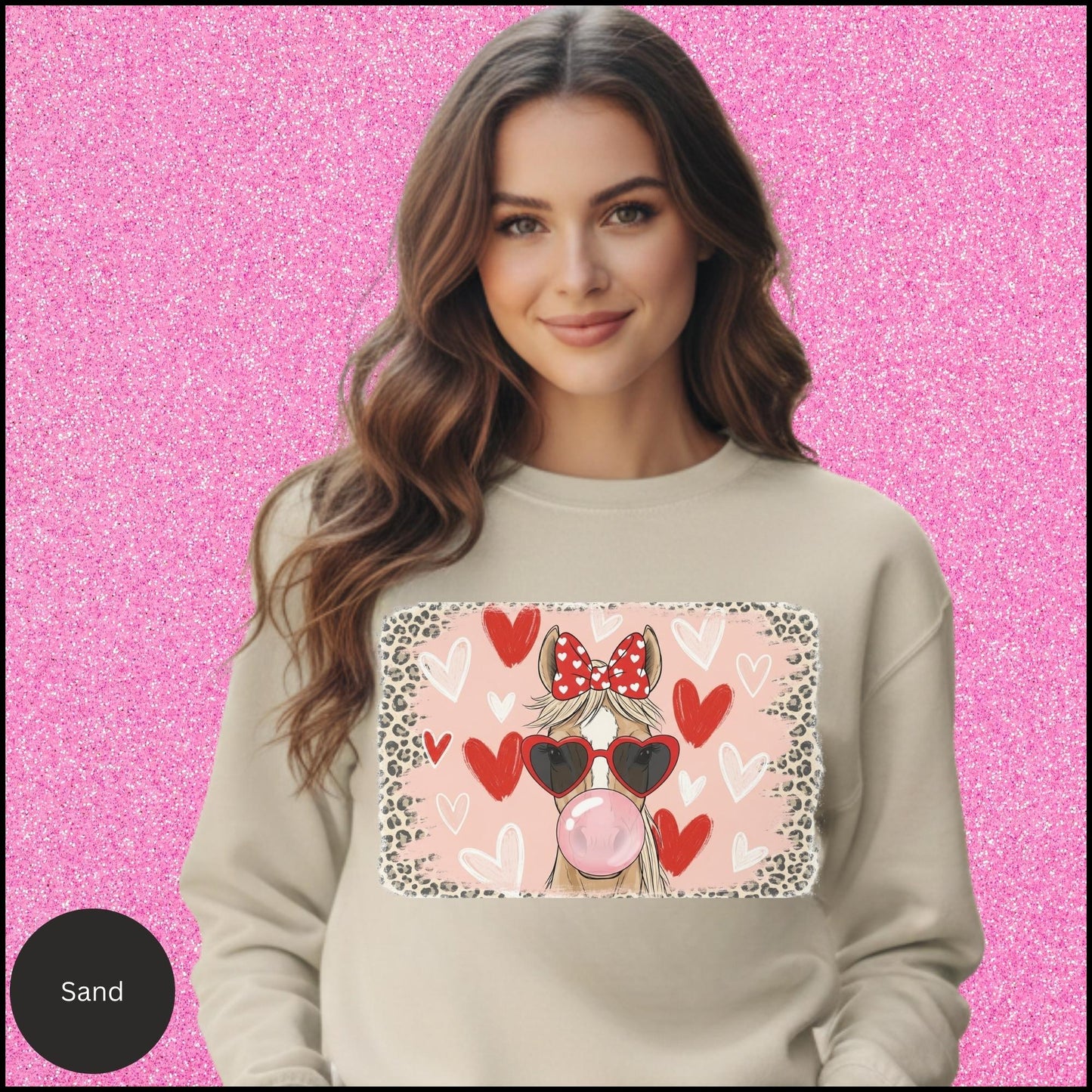 Leopard Cowgirl Valentine Sweatshirt – Pink Bubblegum Horse Graphic, Coquette Western Horse Girl Crewneck, Cute Country Valentine Outfit