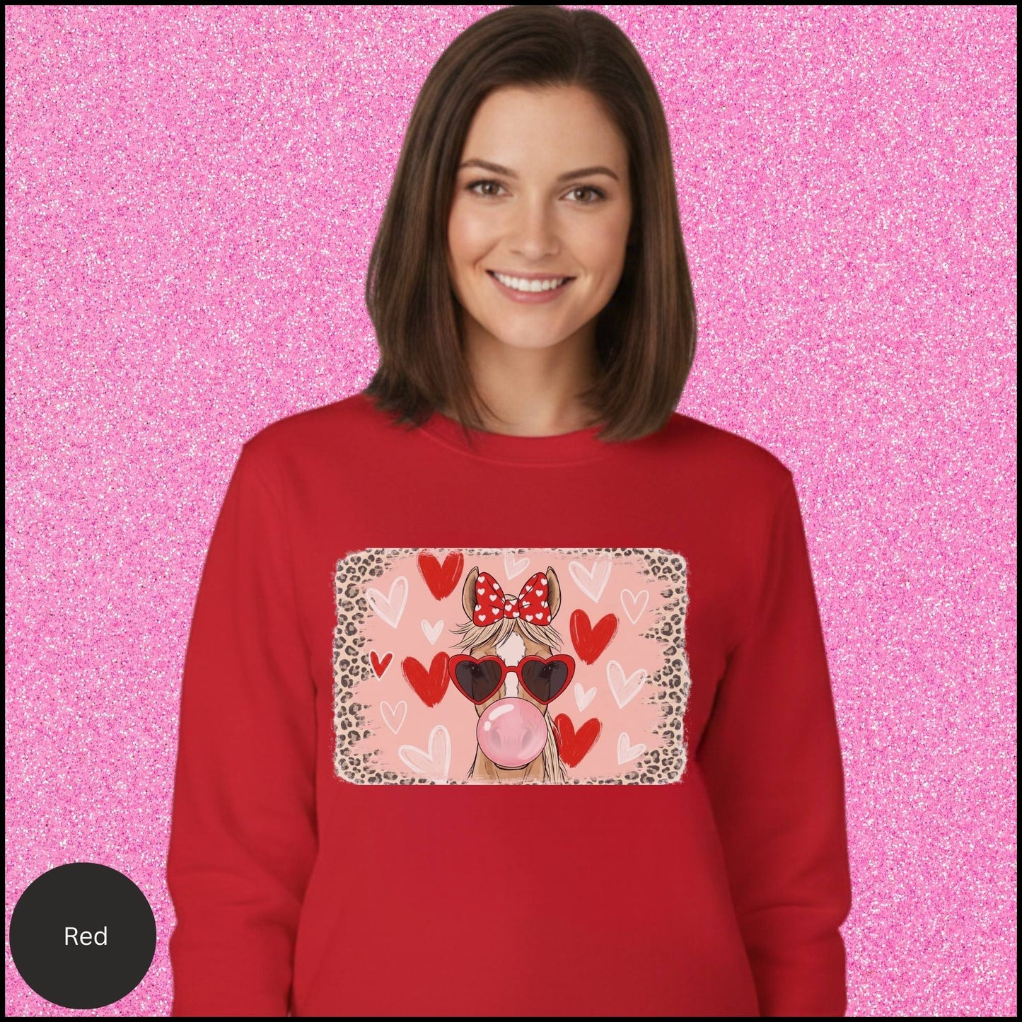 Leopard Cowgirl Valentine Sweatshirt – Pink Bubblegum Horse Graphic, Coquette Western Horse Girl Crewneck, Cute Country Valentine Outfit
