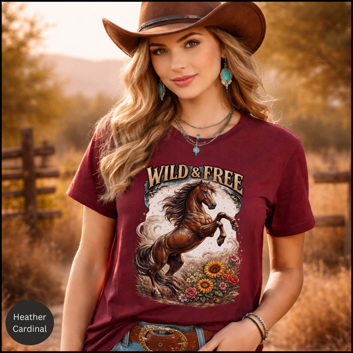 Wild & Free Horse Graphic Tee – Western Cowgirl Shirt, Rearing Horse Floral Design, Free Spirit Country Western T-Shirt
