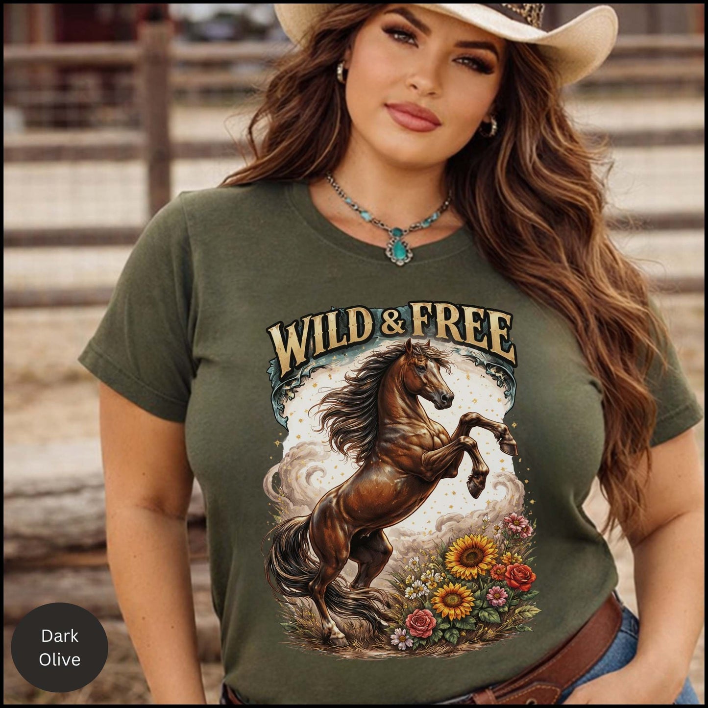 Wild & Free Horse Graphic Tee – Western Cowgirl Shirt, Rearing Horse Floral Design, Free Spirit Country Western T-Shirt
