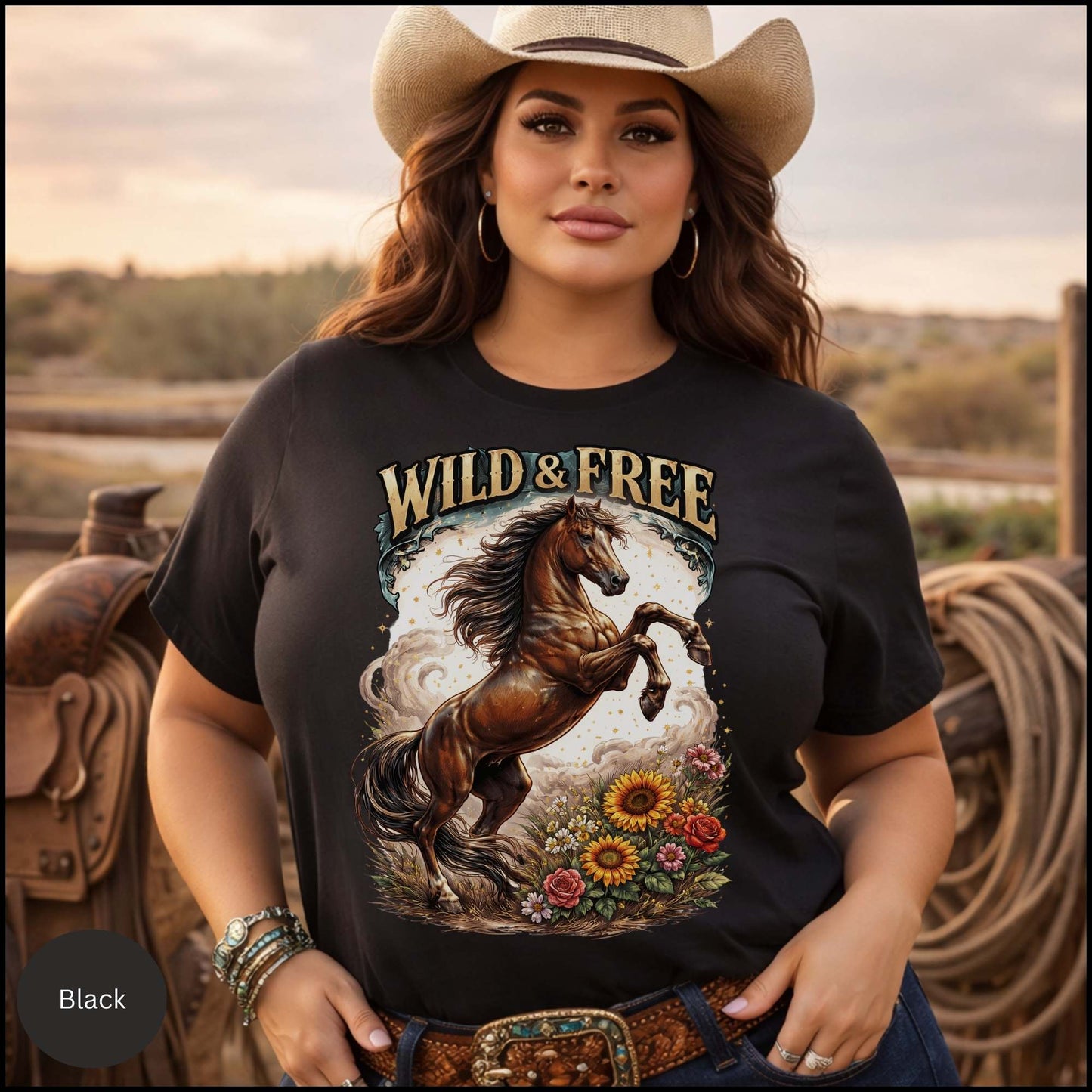 Wild & Free Horse Graphic Tee – Western Cowgirl Shirt, Rearing Horse Floral Design, Free Spirit Country Western T-Shirt