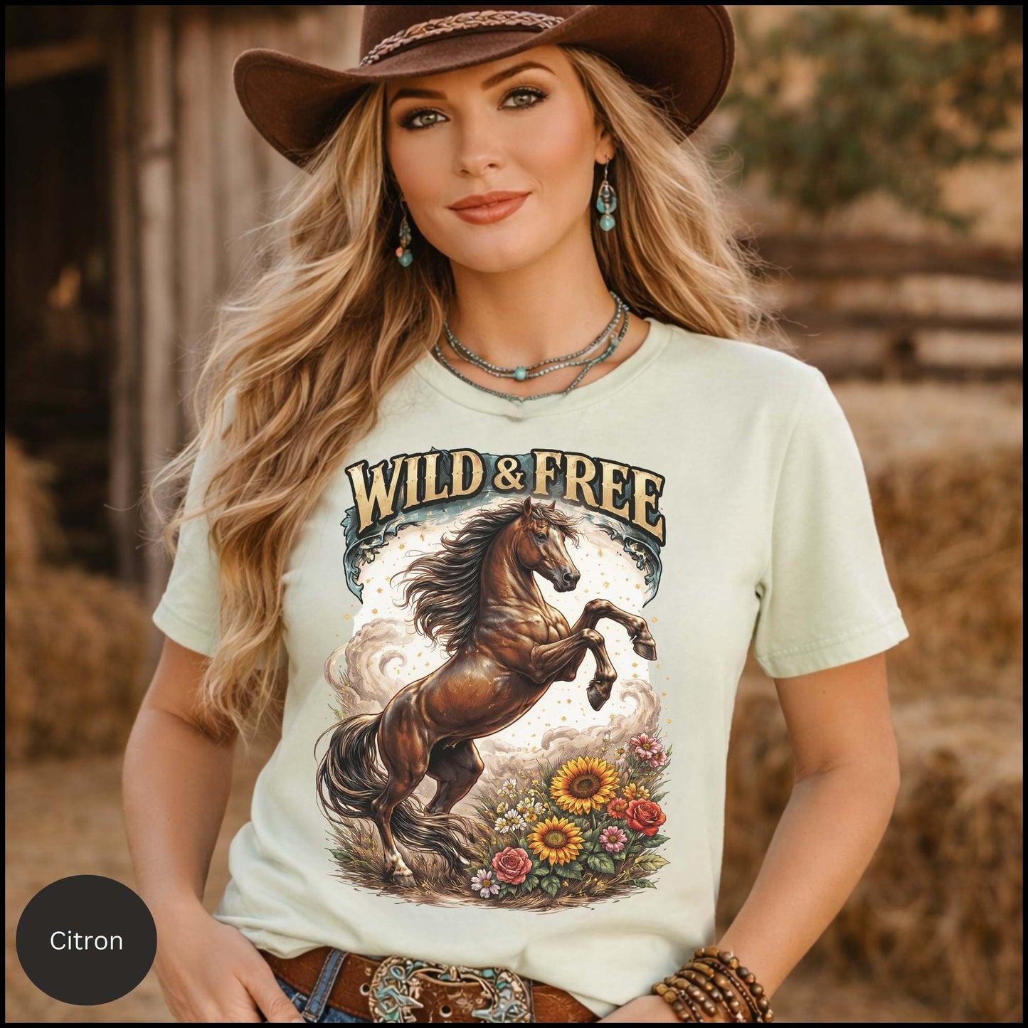 Wild & Free Horse Graphic Tee – Western Cowgirl Shirt, Rearing Horse Floral Design, Free Spirit Country Western T-Shirt