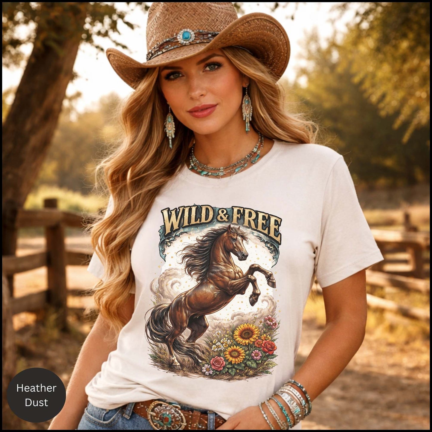 Wild & Free Horse Graphic Tee – Western Cowgirl Shirt, Rearing Horse Floral Design, Free Spirit Country Western T-Shirt