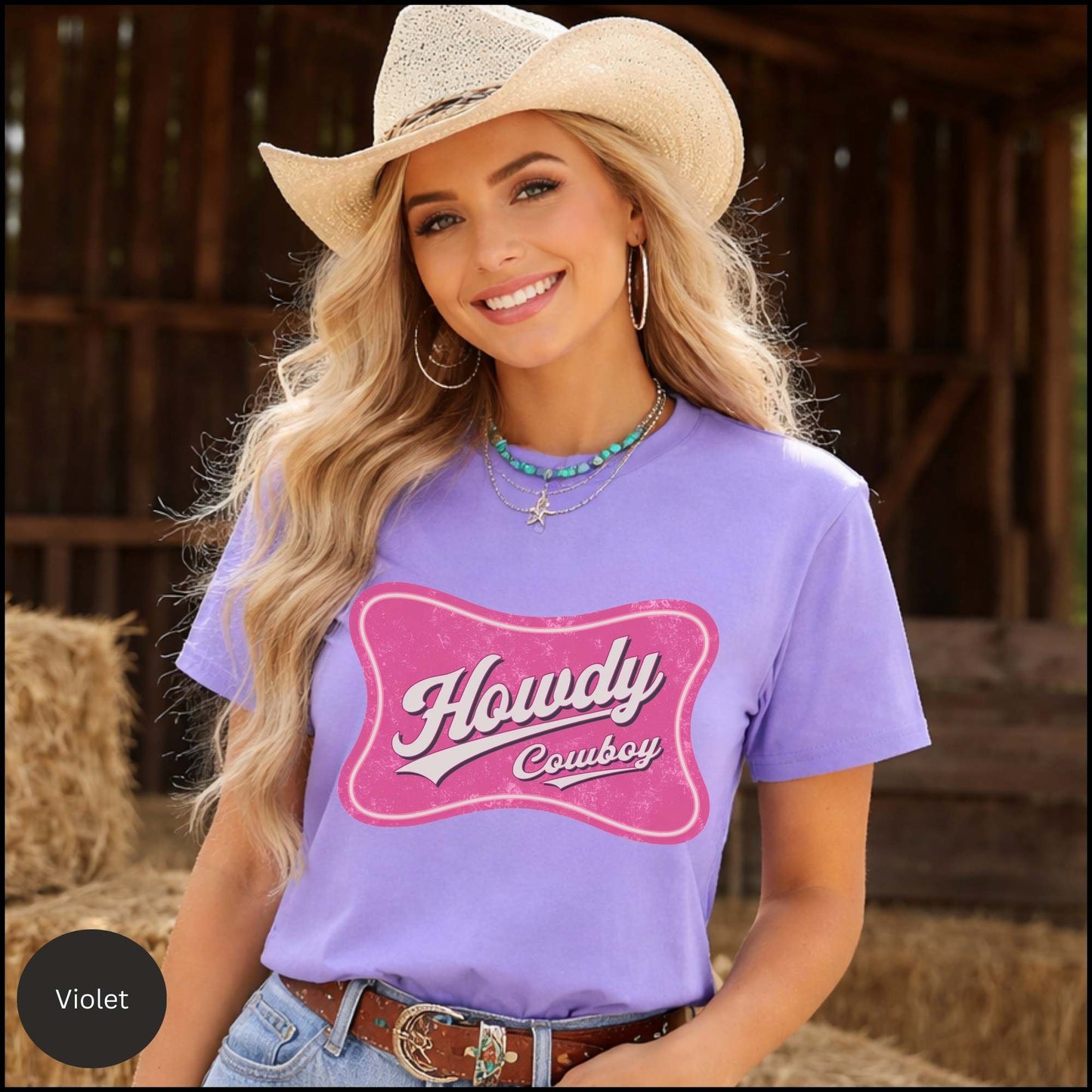 Howdy Cowboy Pink Western Graphic Tee – Retro Cowgirl Shirt, Trendy Western Aesthetic T-Shirt, Cute Country Outfit Top