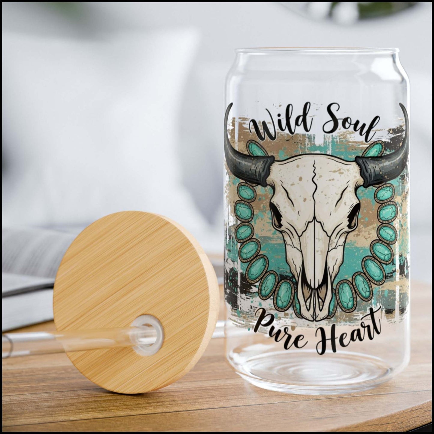 Wild Soul Pure Heart Western Glass Can Tumbler – Turquoise Cow Skull Boho Cowgirl Drink Cup with Bamboo Lid